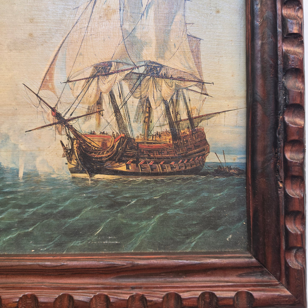 Vintage Maritimes Bild im Holzrahmen – Historische Seeschlacht mit Segelschiffen („Made in Spain“)