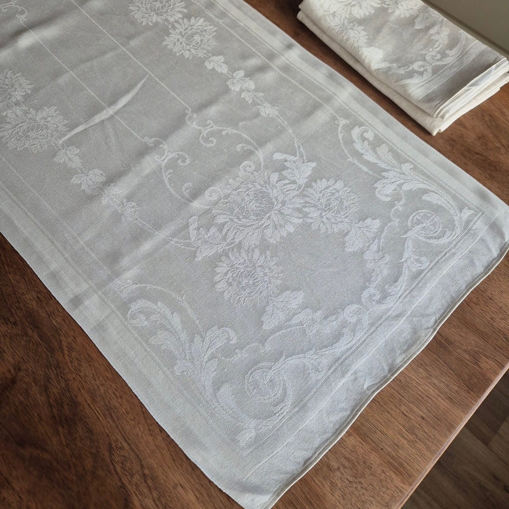 3x Antike Jugendstil Küchen-&Geschirrtücher cremeweiß Löwenzahnmotiv Damast Baumwolle