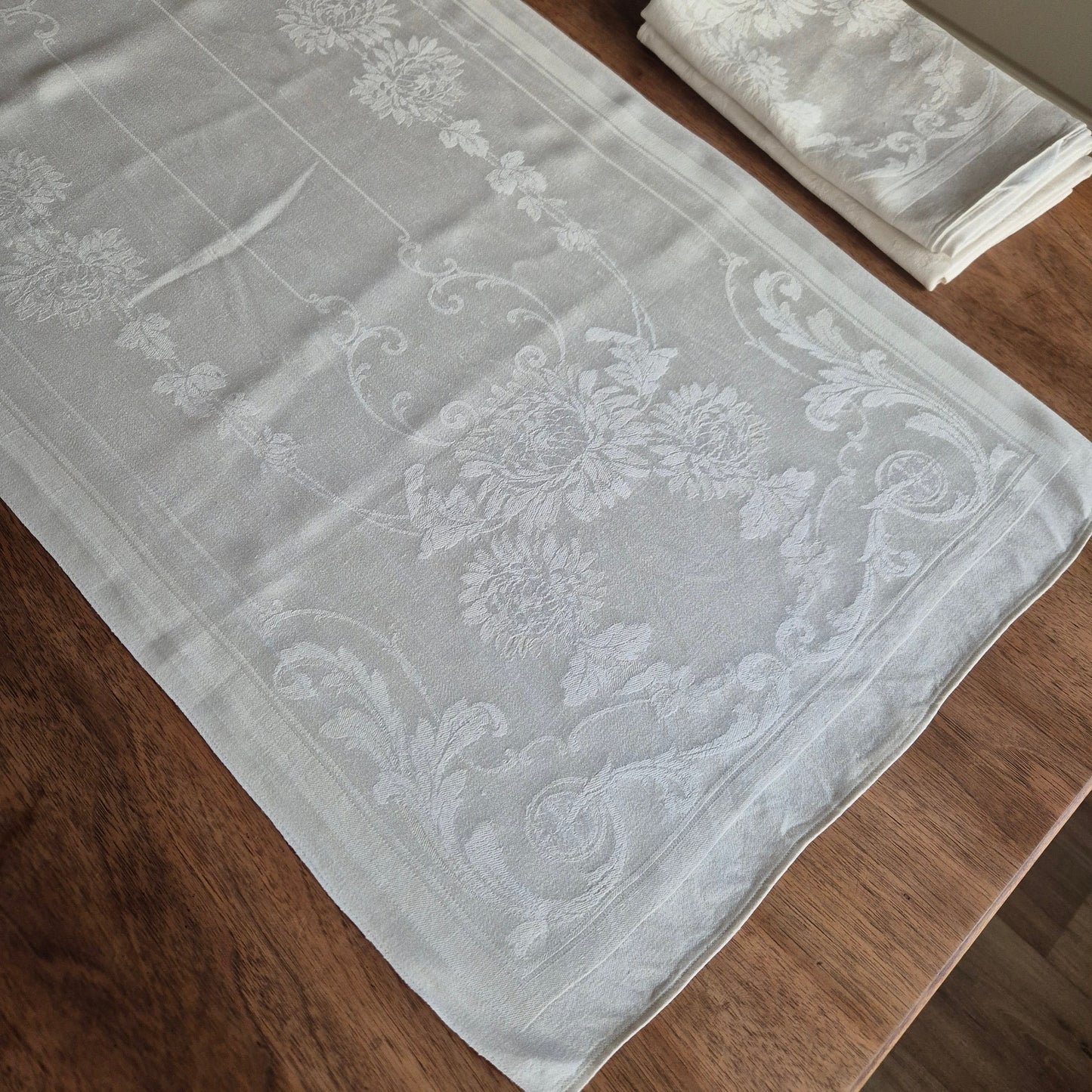 3x Antike Jugendstil Küchen-&Geschirrtücher cremeweiß Löwenzahnmotiv Damast Baumwolle