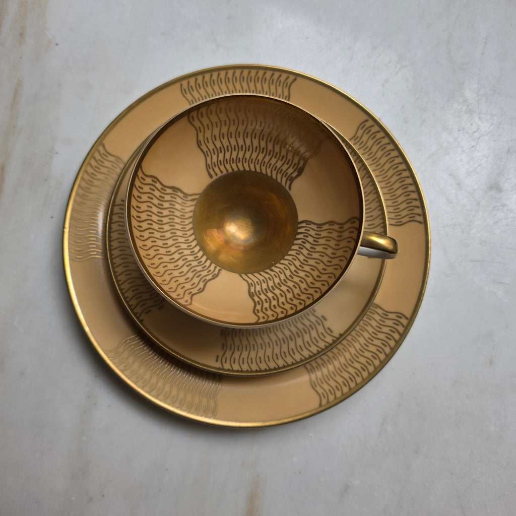 Elegantes Vintage Bavaria Porzellan Kaffeeset - Gold-Beige mit Wellenmuster - 3-teilig
