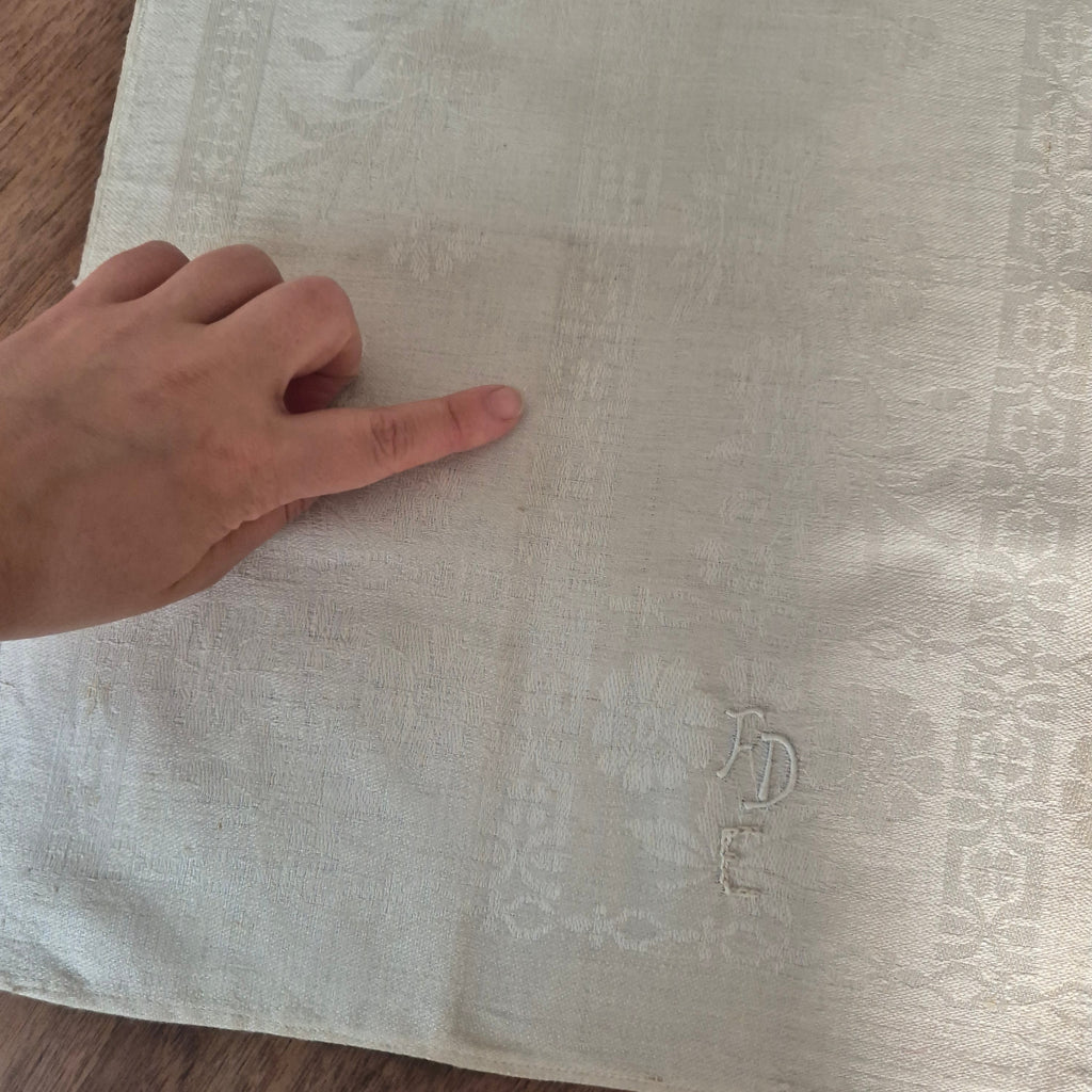 Antikes kleines Jugendstil Damast Küchen-&Geschirrtuch Monogramm F.D.E beige