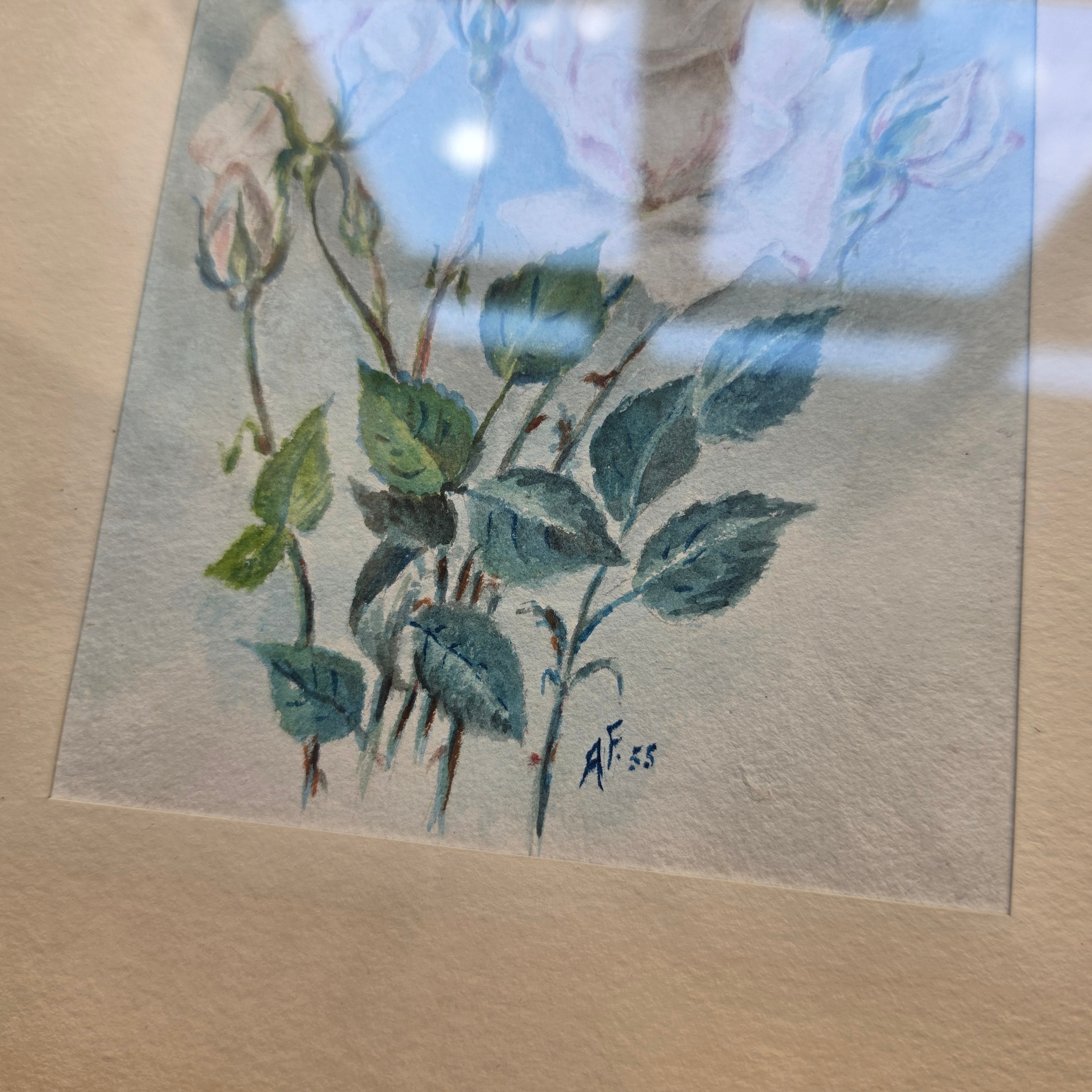 Vintage Rosen-Aquarell „A. Fischer“ (1948) im Goldrahmen