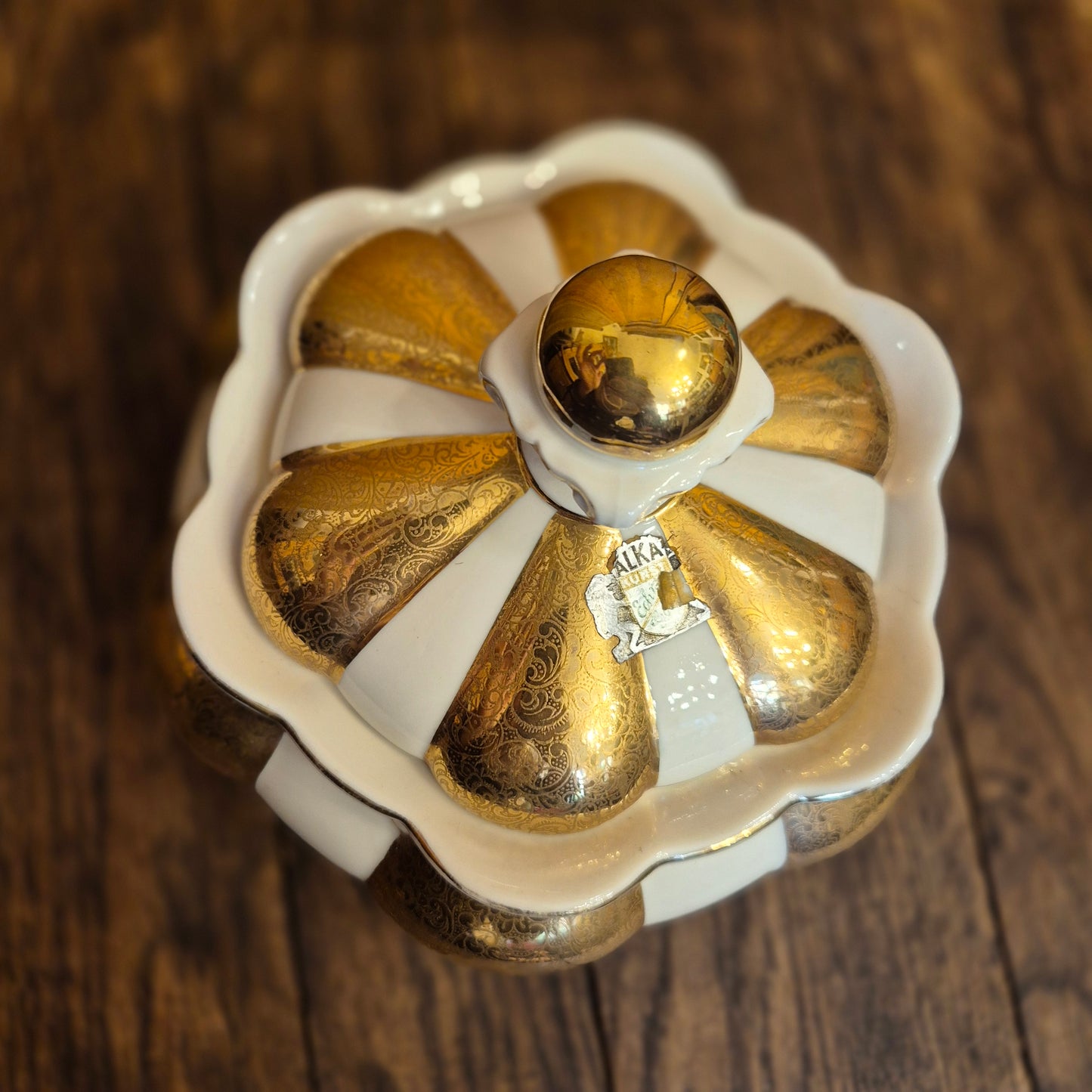 Große Antike Alka Kunst Kronach Marion Deckeldose Porzellan Zuckerdose Keksdose Gold Weiß
