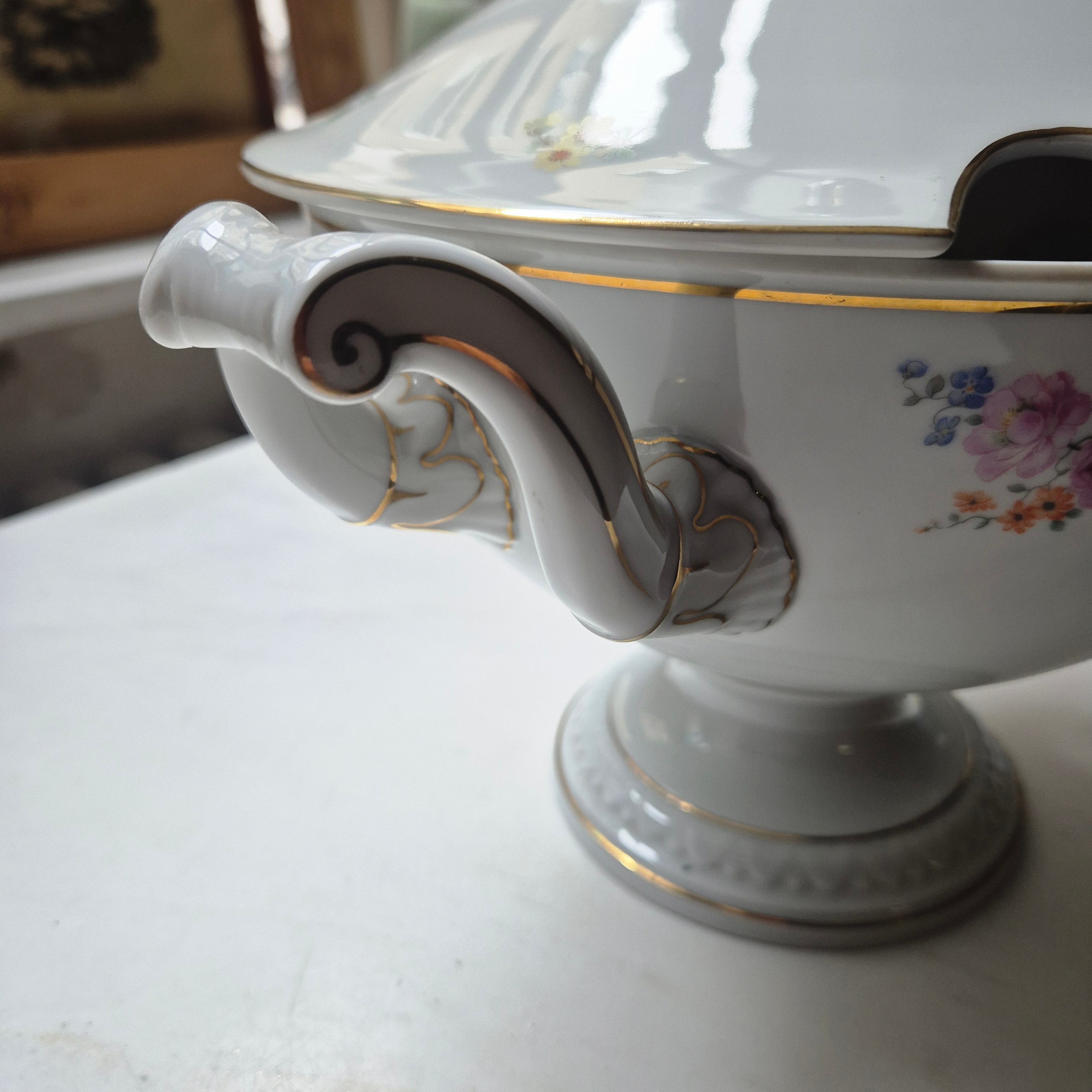Antike große Rosenthal Empire Terrine Suppenterrine Schüssel mit Deckel Blumenmalerei Porzellan