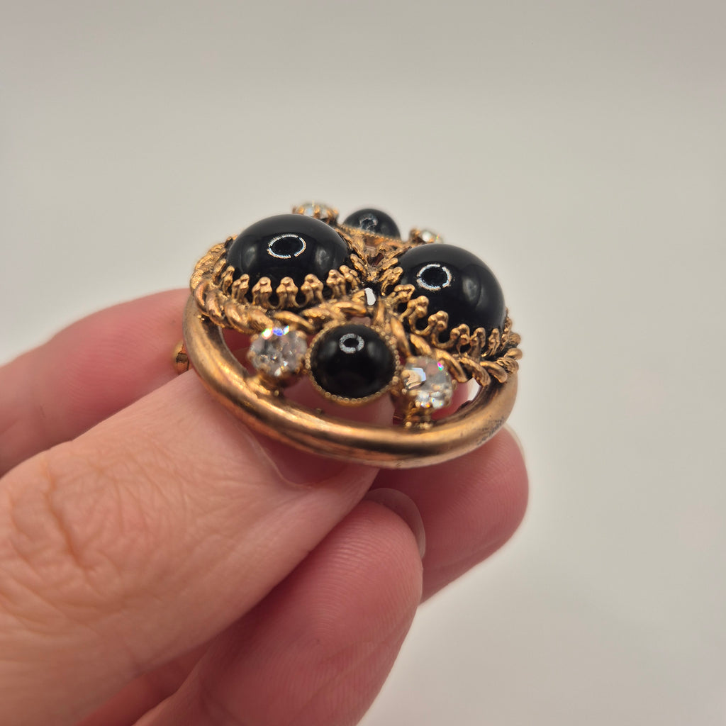 Vintage Brosche 50er Jahre gold schwarz Strassseine rund edel