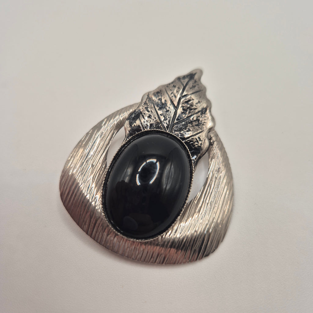 80er Jahre Vintage Brosche silberfarben schwarz Eichenblatt