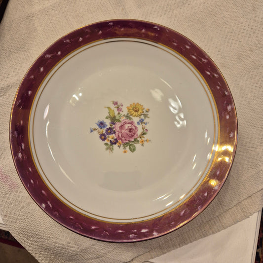 6x Antike flache Speiseteller Blumendekor weiß mit lila Goldrand