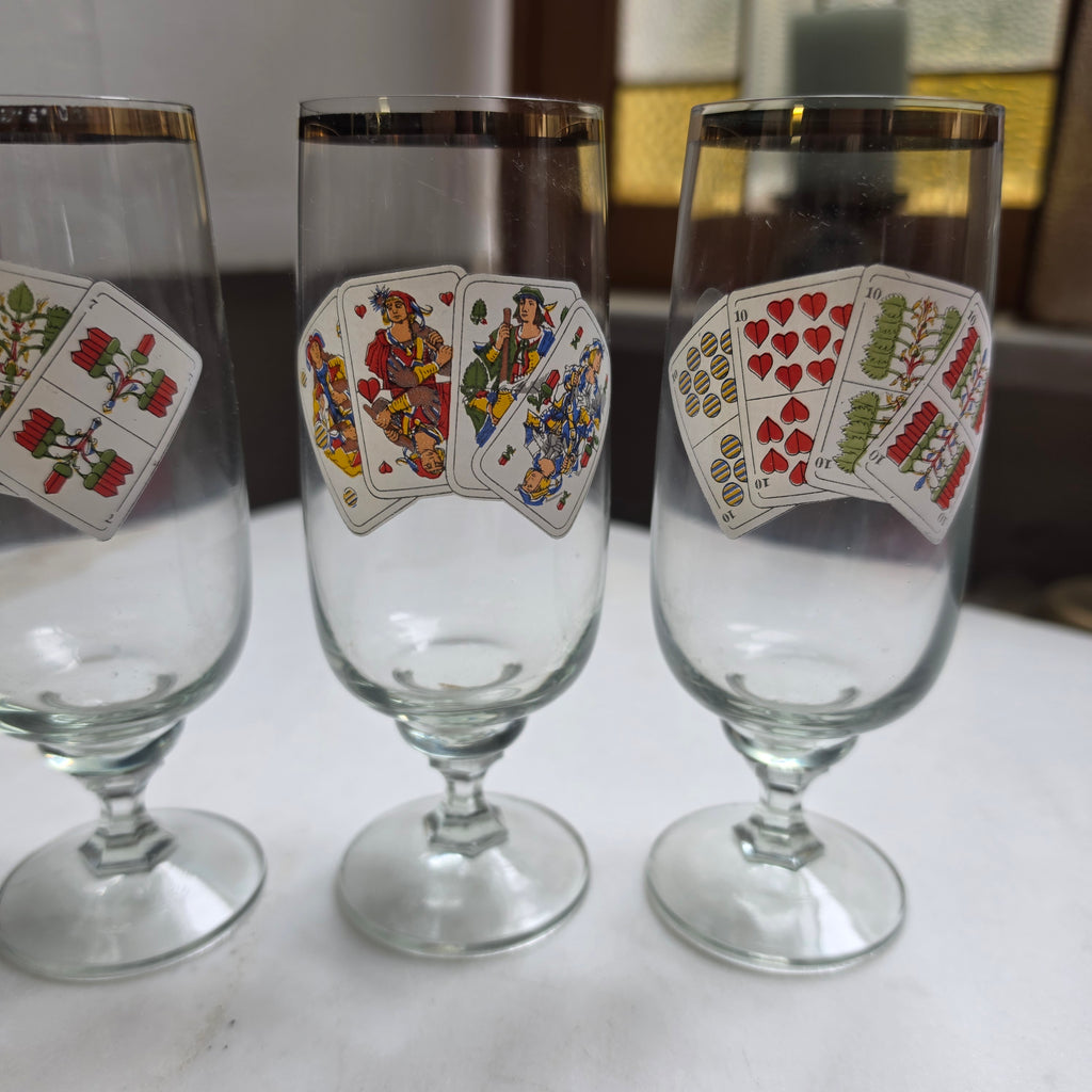5x Vintage Sektgläser - Aperitifgläser mit Spielkarten-Motiv & Goldrand