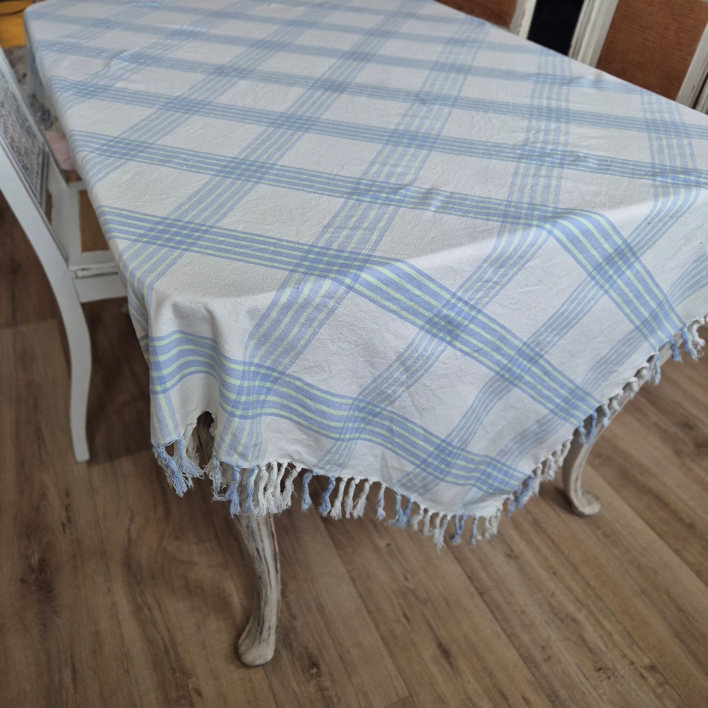 Vintage Karo Tischdecke grün blau Baumwolle 165x165cm