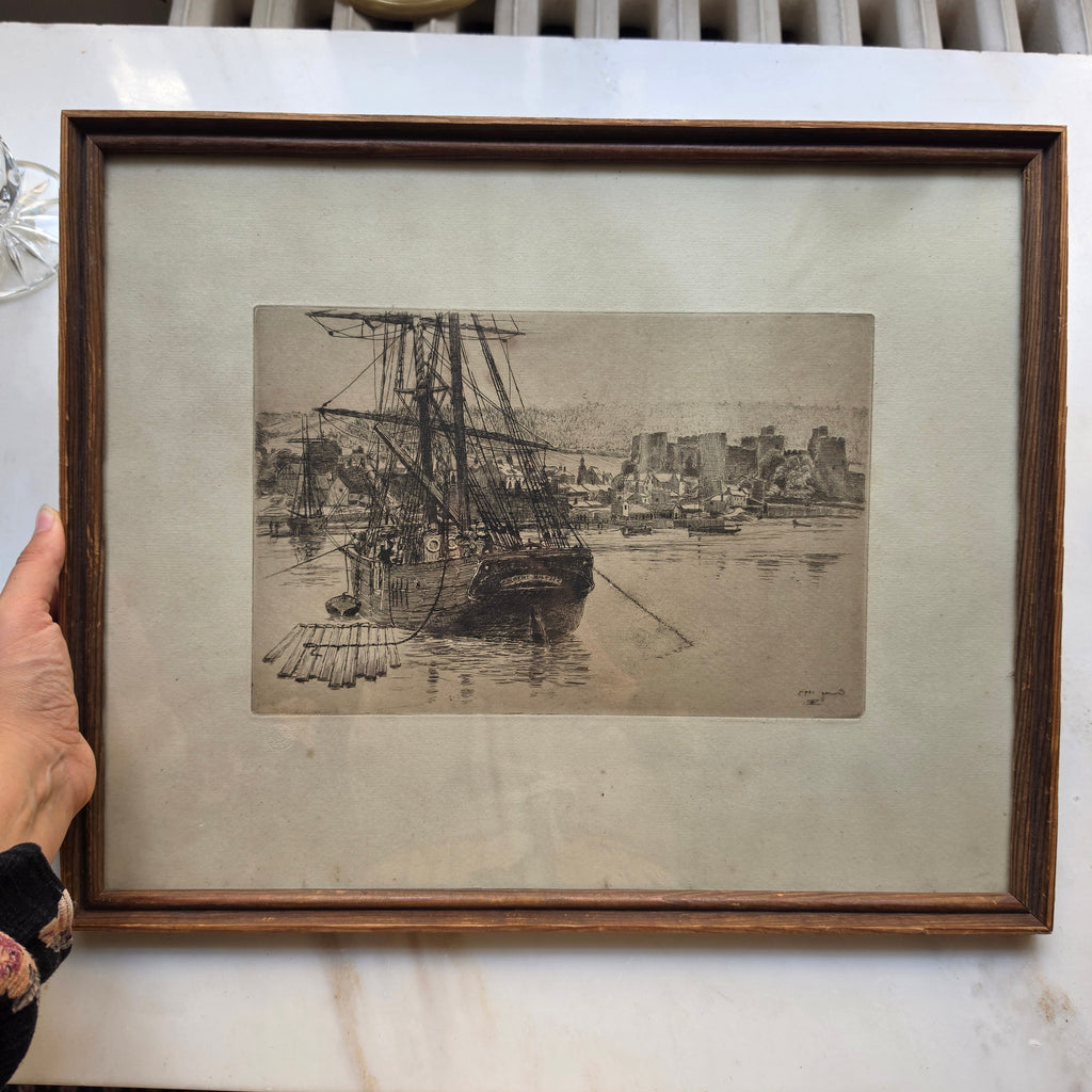 Antike Maritime Radierung „Segelschiff Albert Baltzer“ – Handsigniert & Datiert (1910)