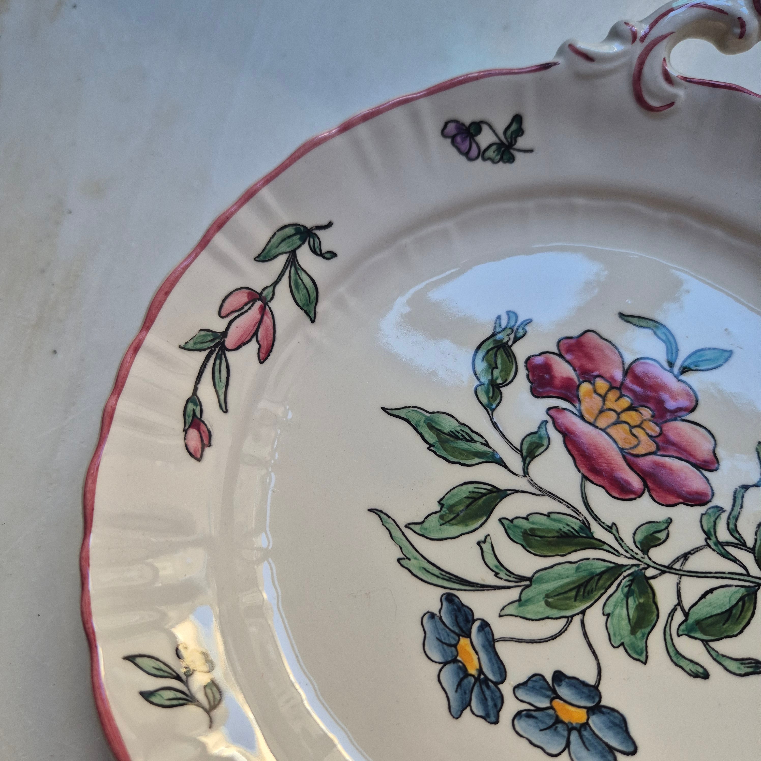 Vintage Zell am Harmersbach Alt Straßburg Servierteller mit Griff Teller Keramik Blumen (Abplatzer!)