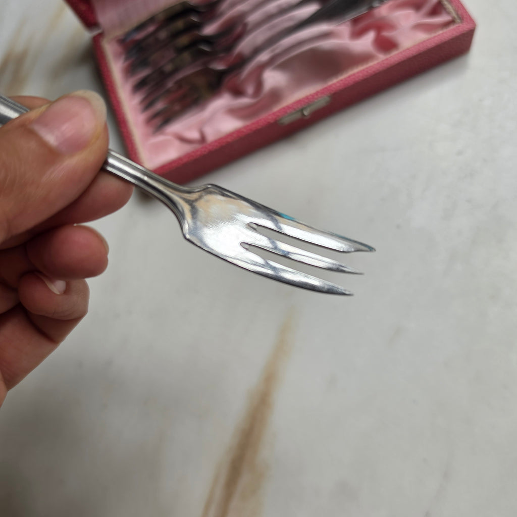 Vintage Kuchengabeln Set (6-teilig) in rosa Schatulle – Klassisches Dessertbesteck aus Edelstahl