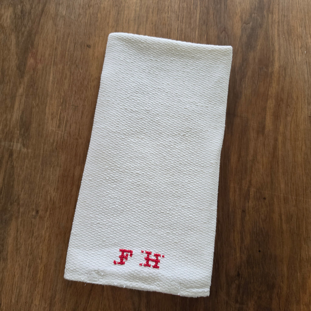 Vintage Tischläufer / Mangeltuch mit roter Einwebung & Monogramm "FH" - 47x117cm