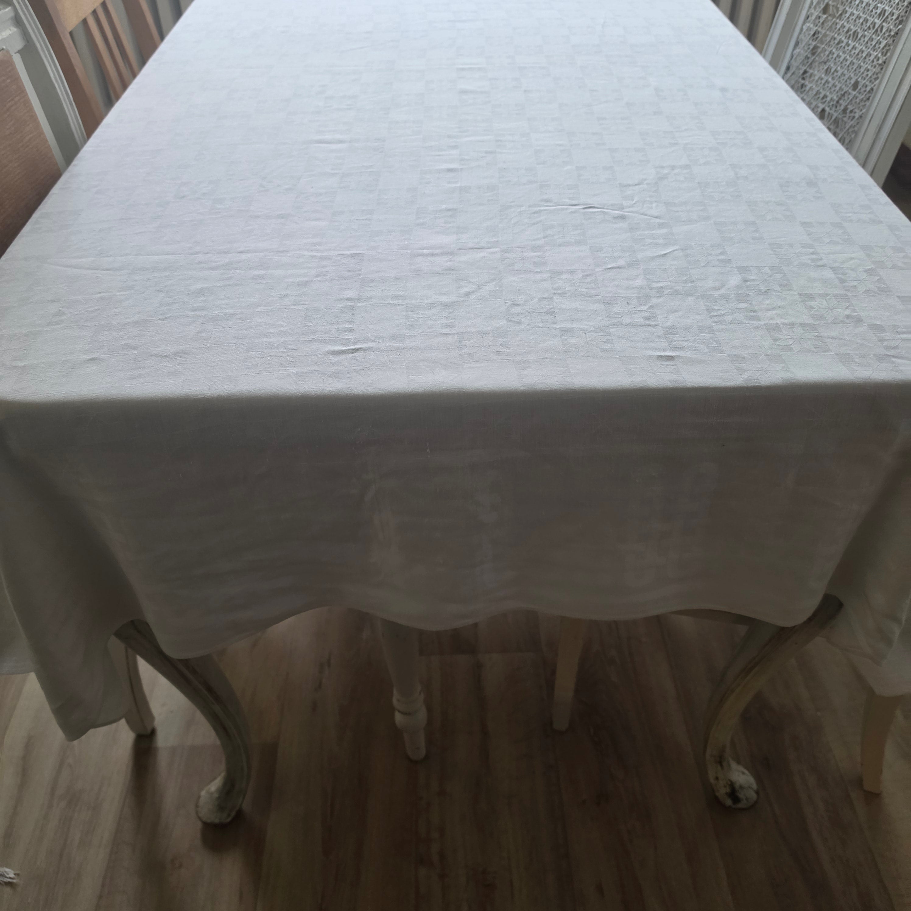 Antike Damast-Tischdecke 135x175cm - weiß - Monogramm M.S.