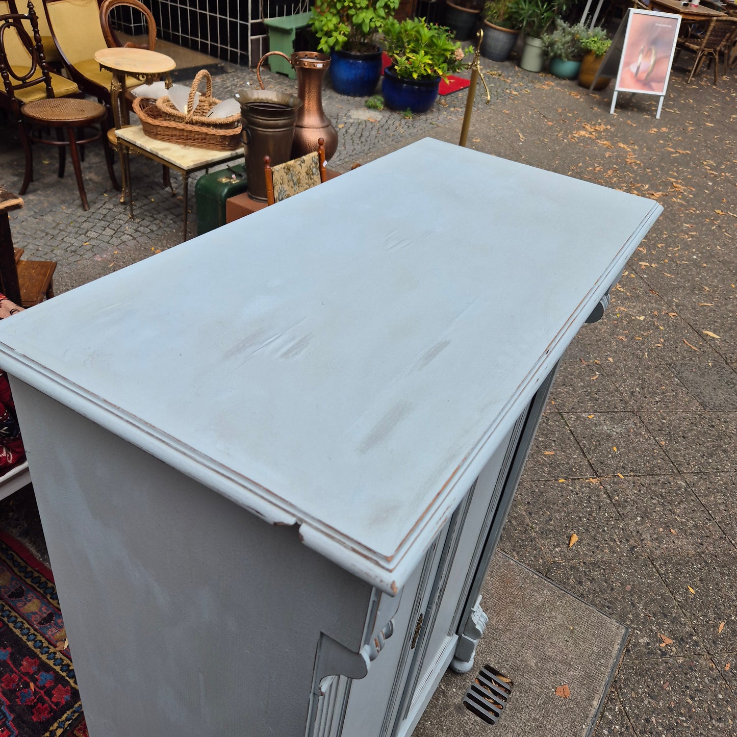 Antiker Jugendstil Vertiko mit Gründerzeit blaugrau Shabby Chic Kommode Hochschrank Hochkommode