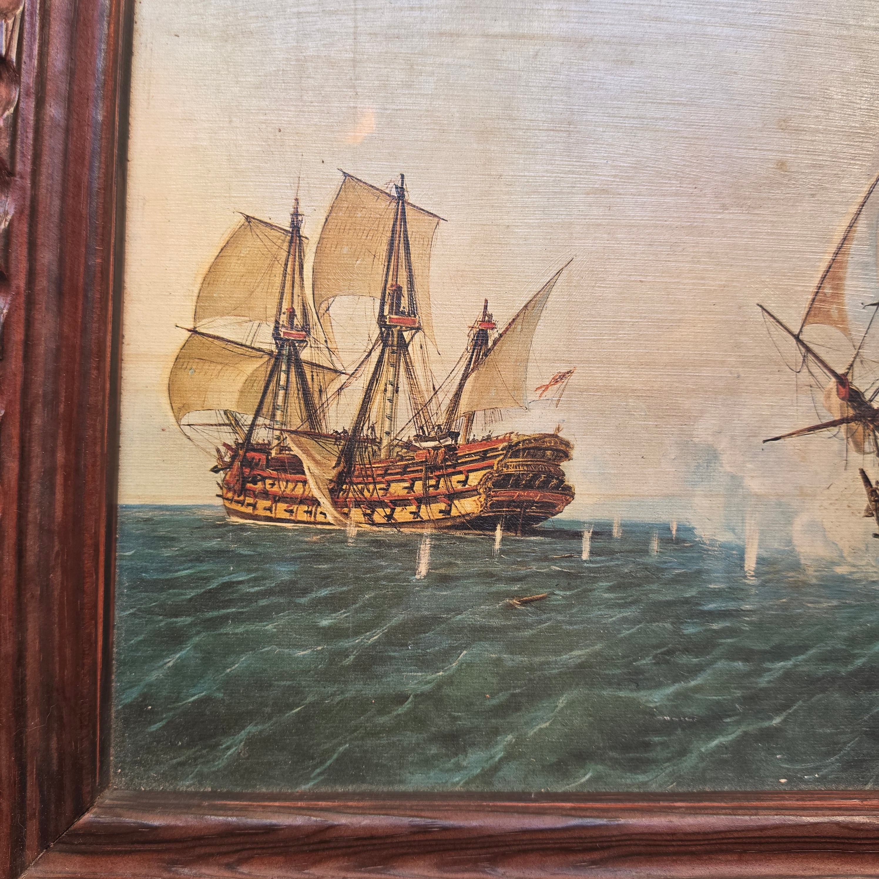 Vintage Maritimes Bild im Holzrahmen – Historische Seeschlacht mit Segelschiffen („Made in Spain“)