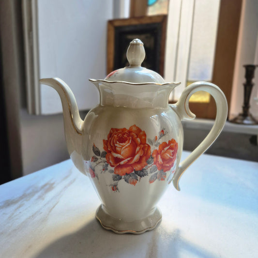 Antike Kaffeekanne Elfenbeinfarbend mit Rosendekor Porzellan VICTORIA