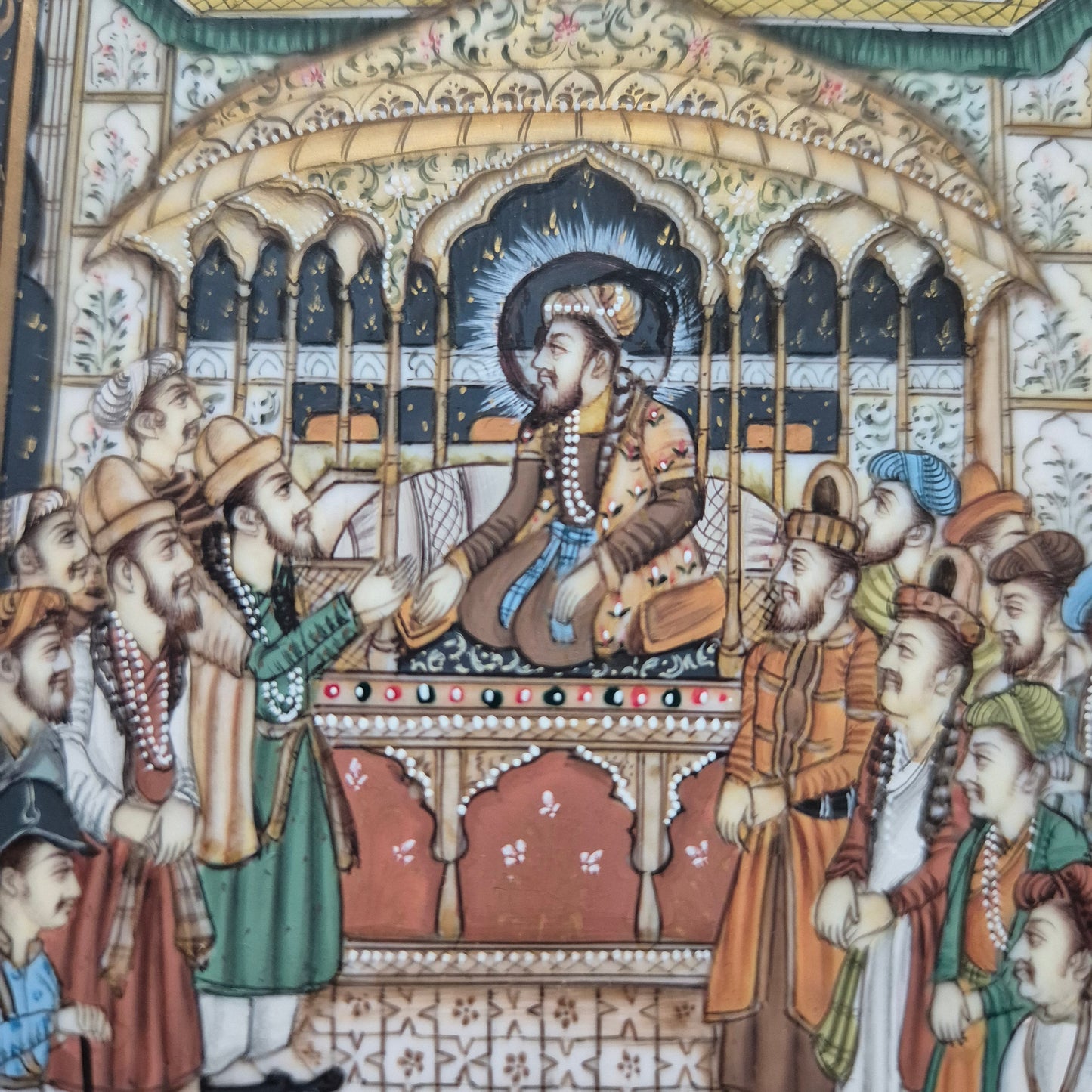 Antike Mogul Miniatur Gemälde Handarbeit König Shamjahan Taj Mahal Gericht Szene