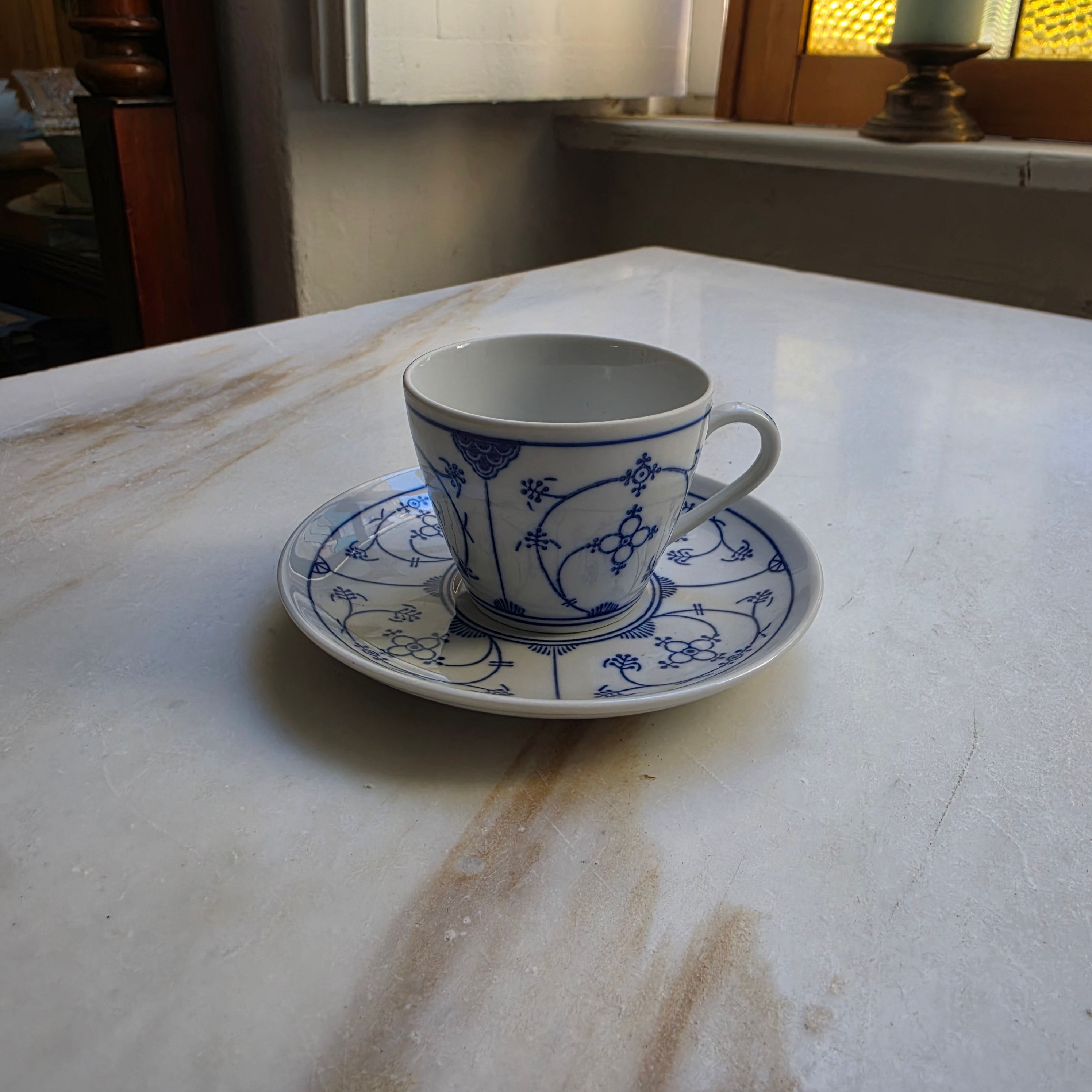 Vintage Jager Eisenberg 'Blau Saks' Kaffeetassen Tee Tasse Untertasse Set Strohblume