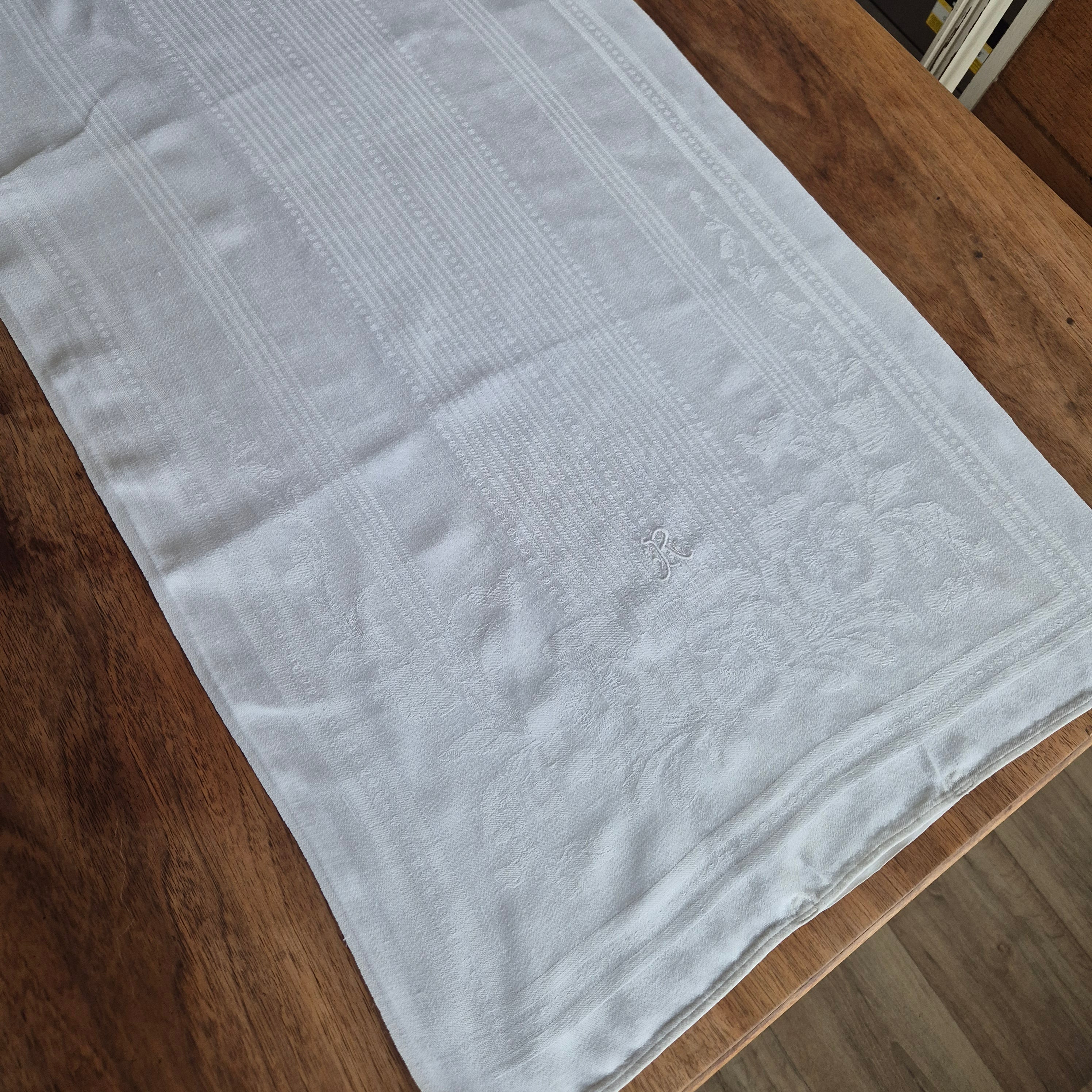 Antikes Jugendstil Küchen-&Geschirrtuch weiß Damast Baumwolle 51x110cm Monogram R.
