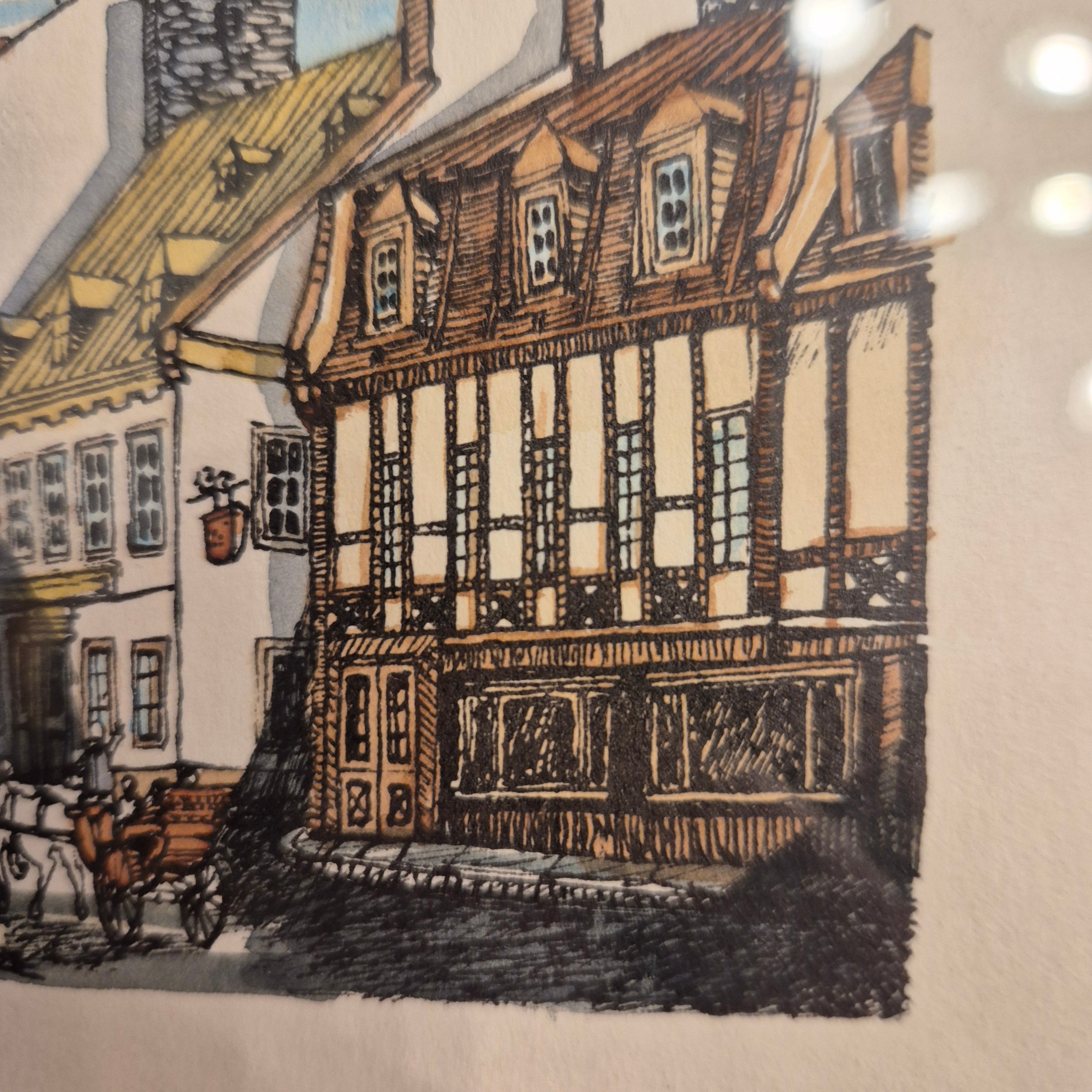 Kleine Vintage-Radierung einer Straße - Bild gerahmt