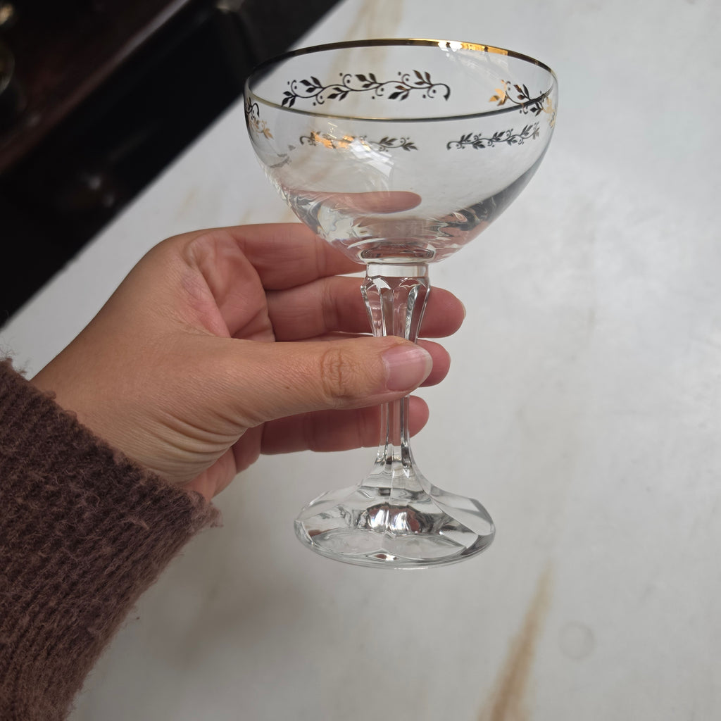 Edle Kristall-Champagnerschale mit Goldverziehrung – Mid-Century Vintage