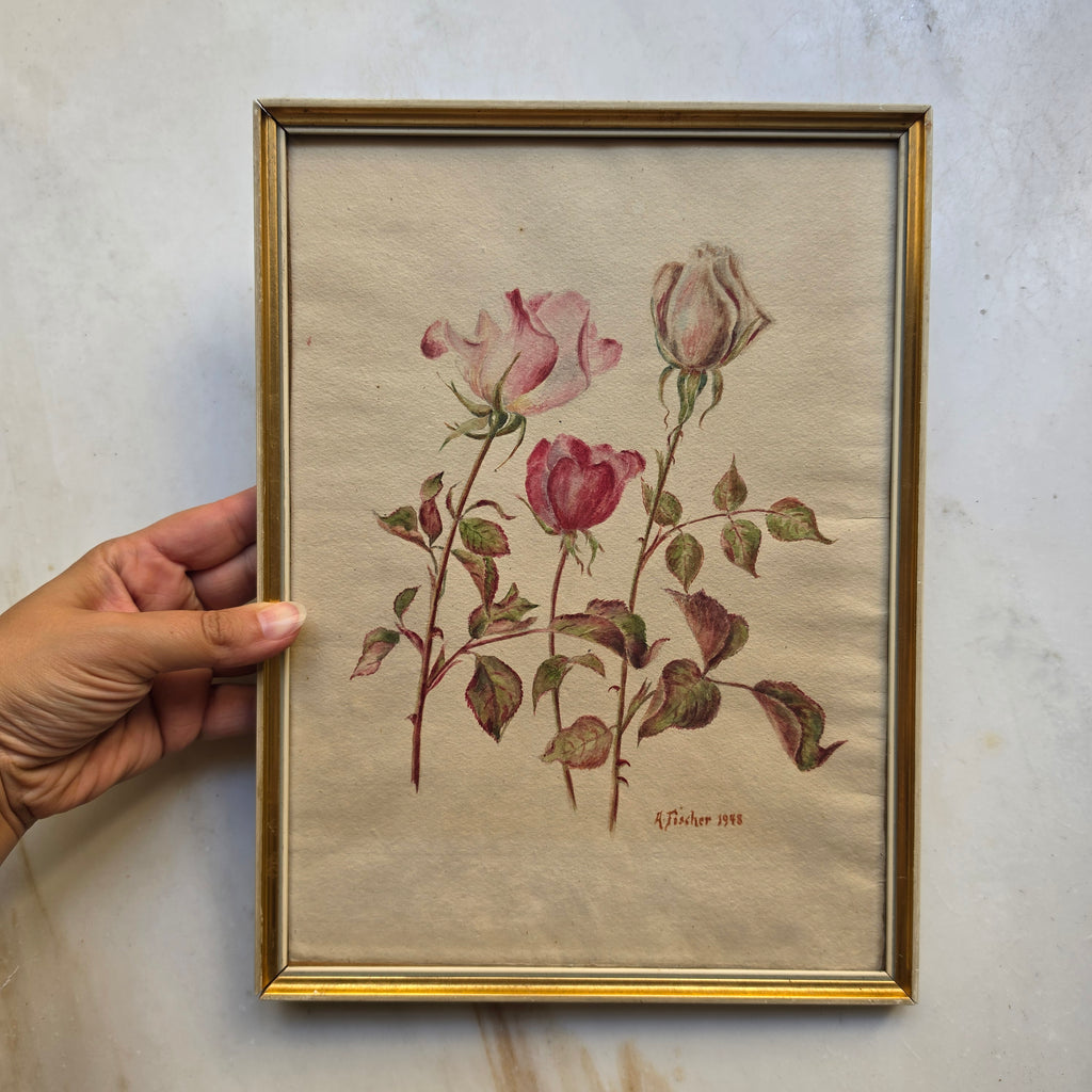 Vintage Rosen-Aquarell „A. Fischer“ (1948) im Goldrahmen