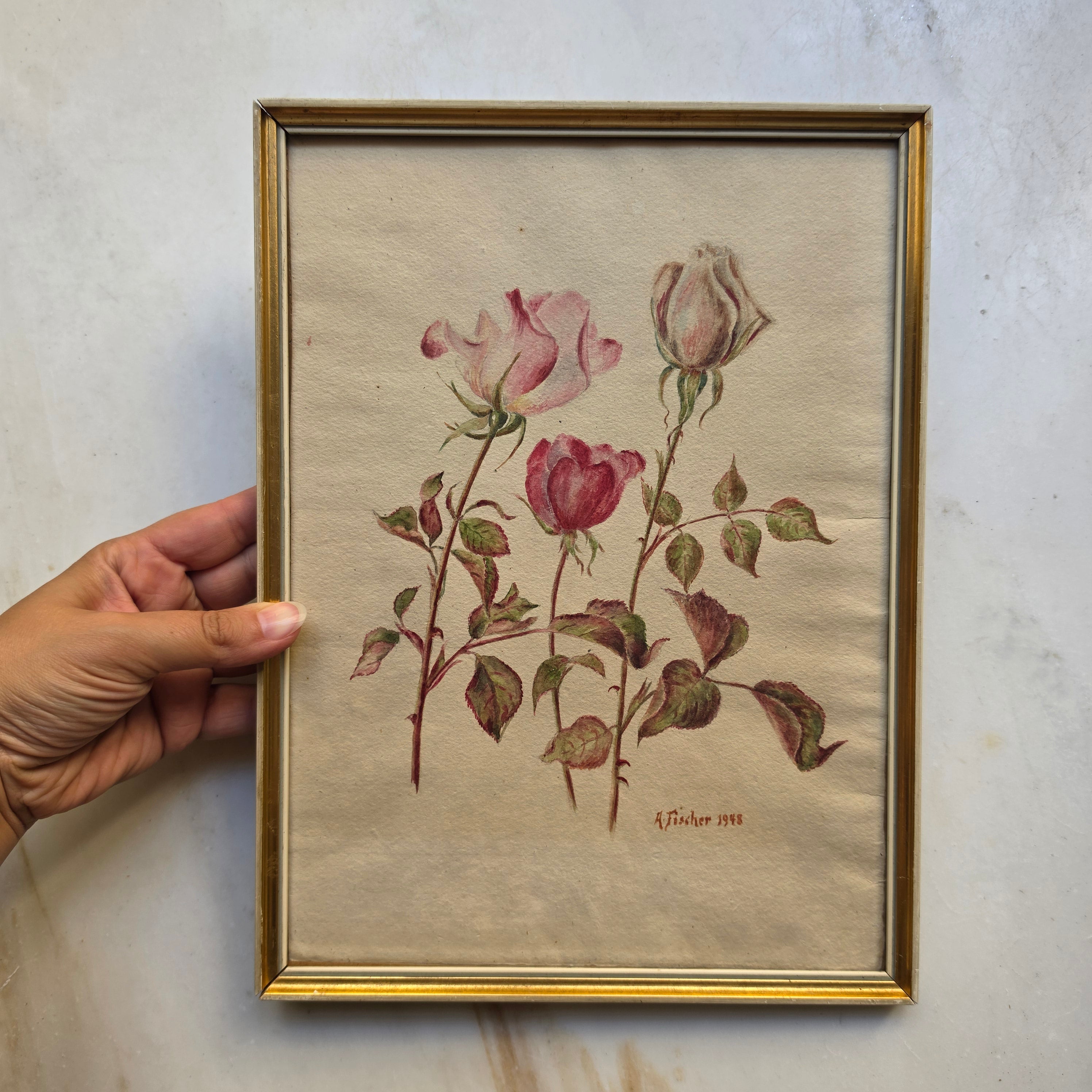 Vintage Rosen-Aquarell „A. Fischer“ (1948) im Goldrahmen