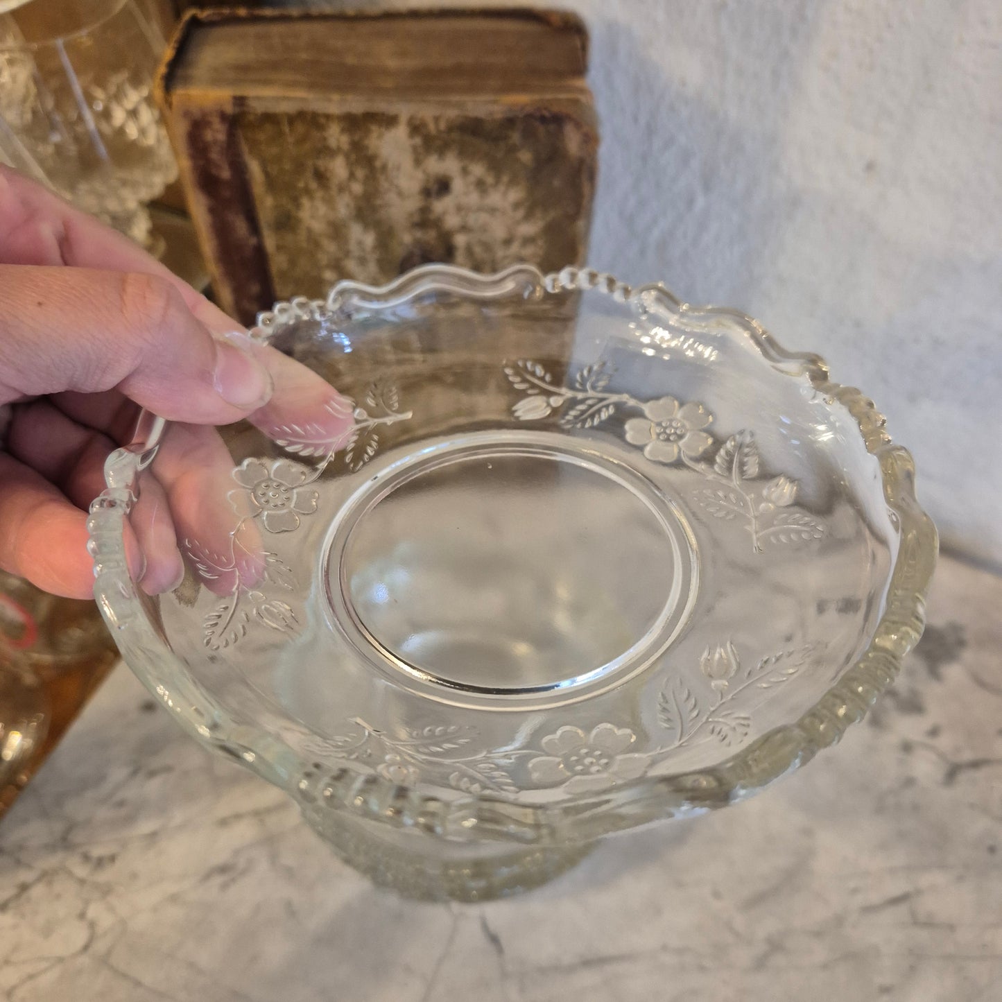 5x Vintage Glas oder Bleikristall Schalen Kuchen Teller Blumenmuster