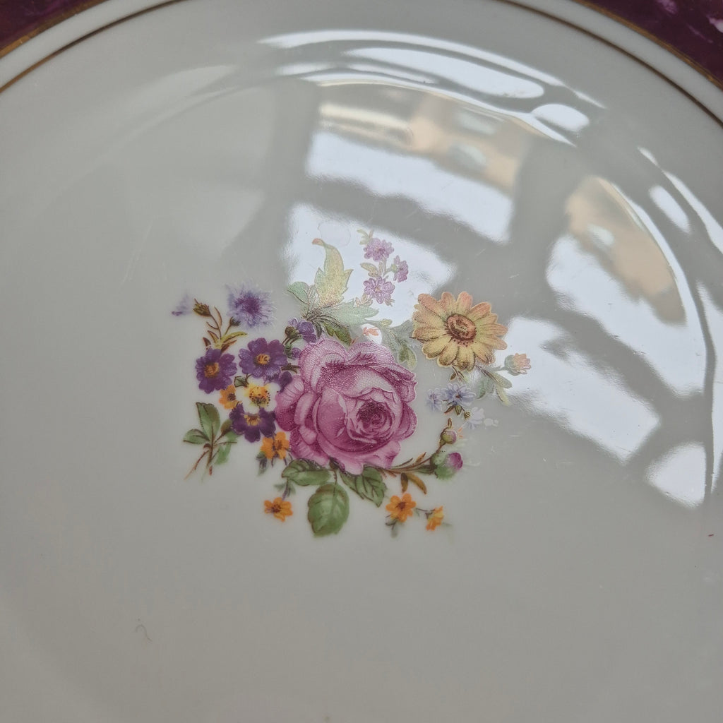 6x Antike flache Speiseteller Blumendekor weiß mit lila Goldrand