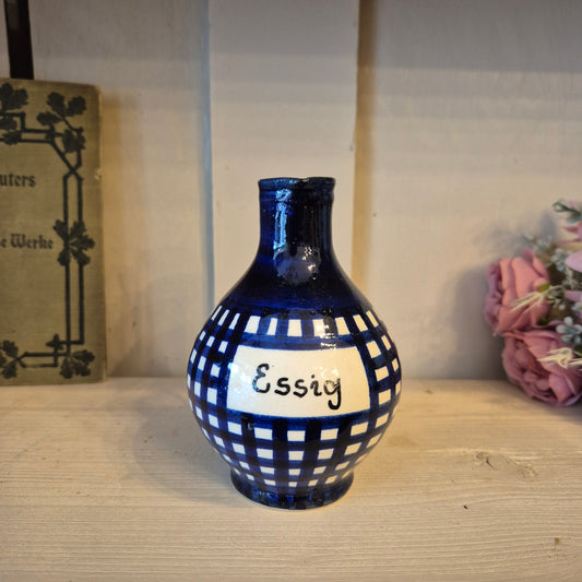 Alte kleine Keramik Essigkanne Kännchen mit Aufschrift " Essig" blau weiß
