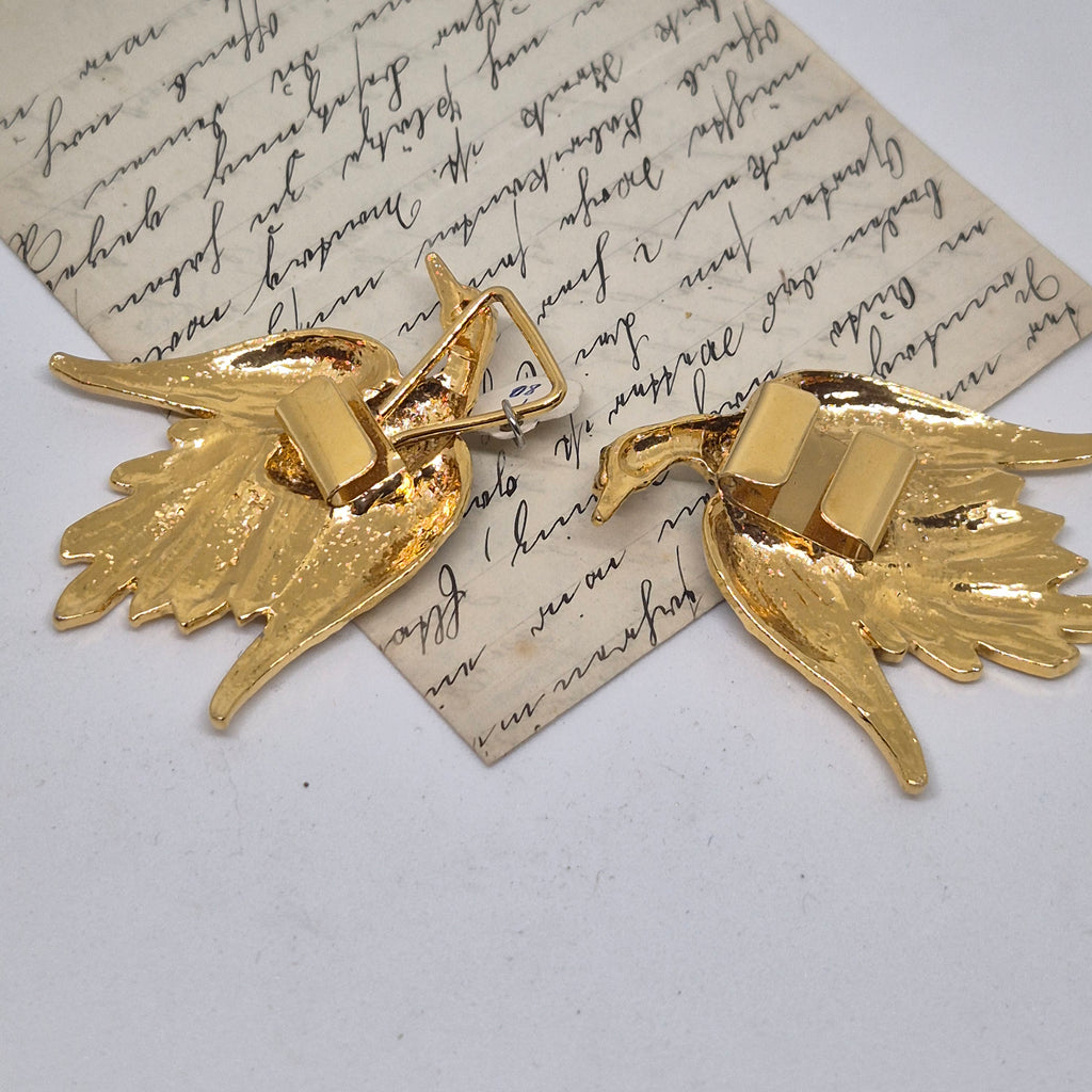 Vintage Gürtelschnalle 2-Teilig Trachtenschnalle Taillengürtel aus den 80ern-Handmade aus Berlin gold schwarz weiß Schwan Kranich Vogel