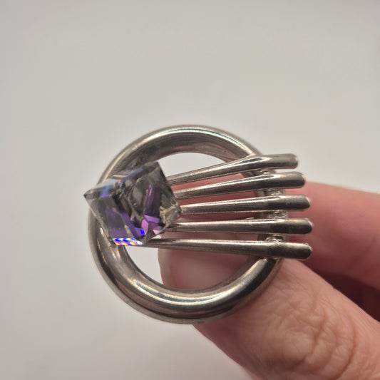 Vintage Brosche 90er Jahre Rund Glitzer Silber