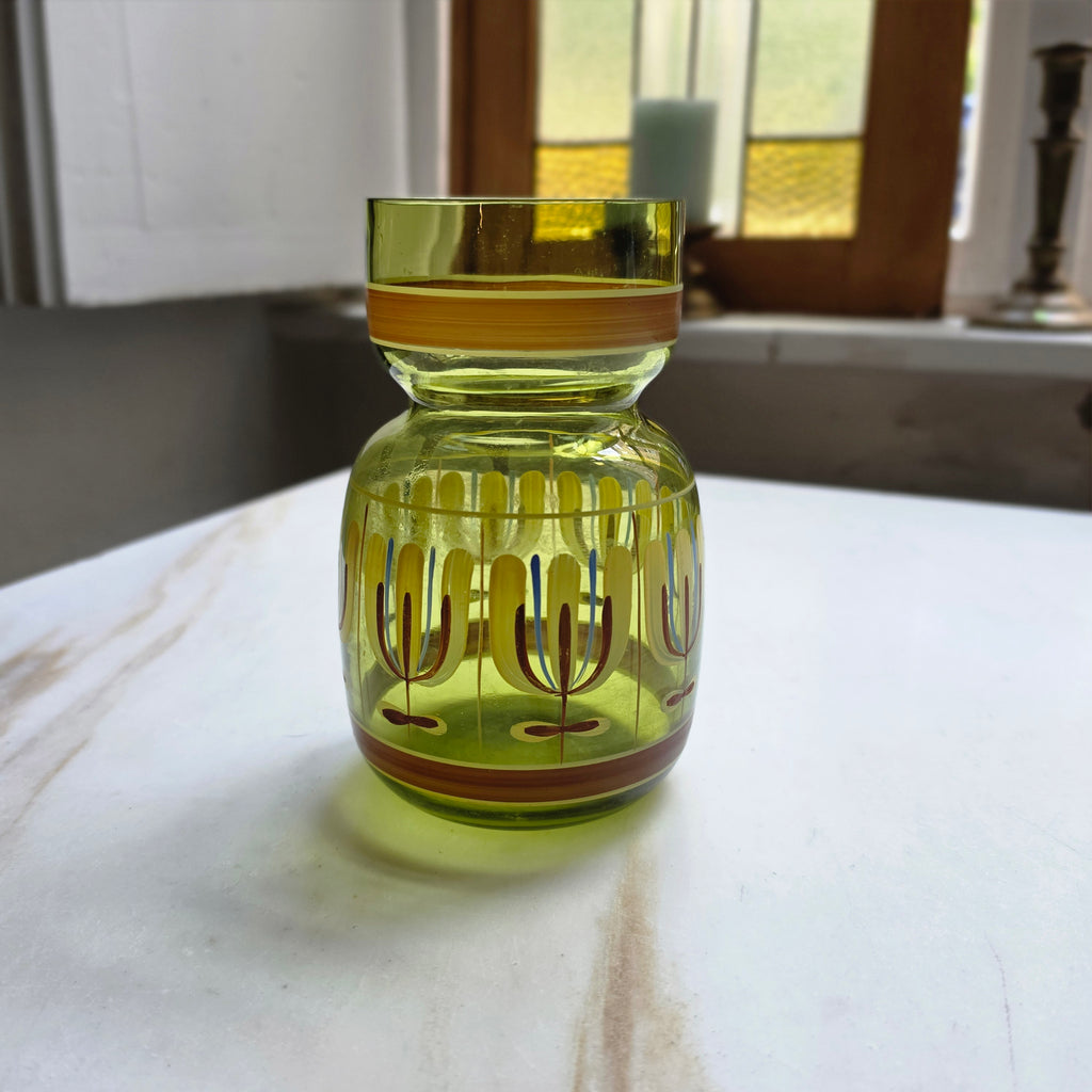 Vintage Retro  Glasvase - transparent grün - 70er Jahre - handbemalt