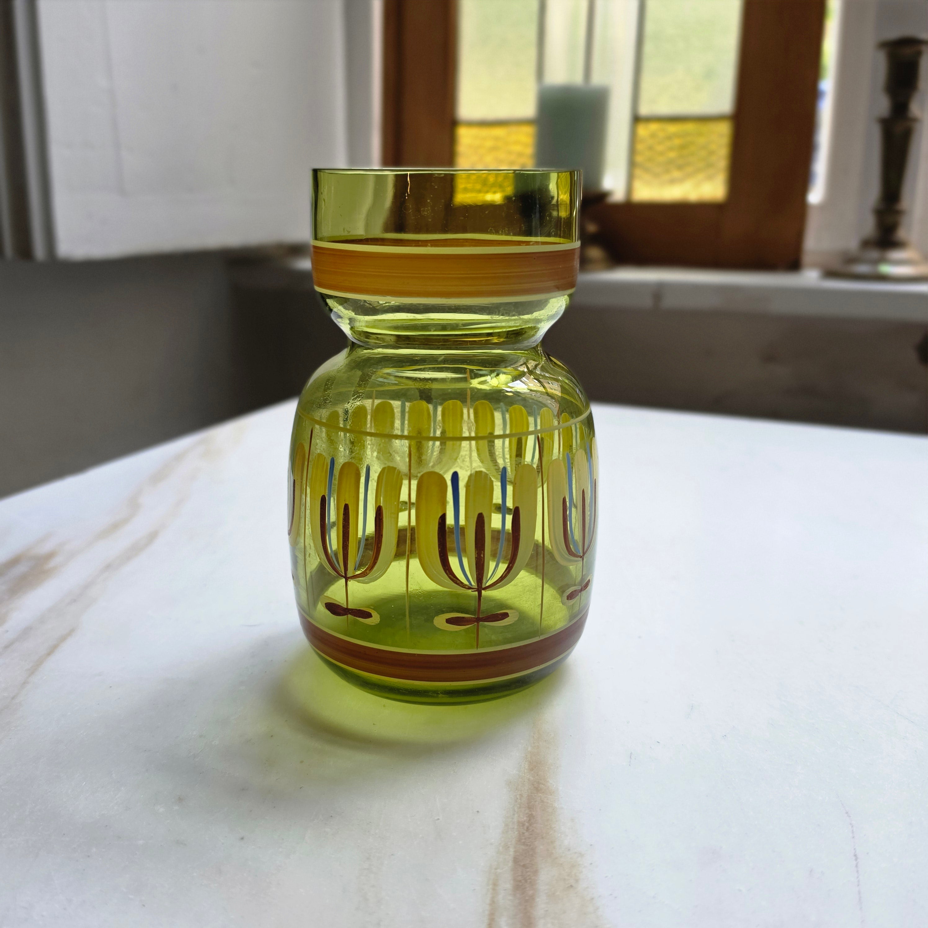 Vintage Retro  Glasvase - transparent grün - 70er Jahre - handbemalt