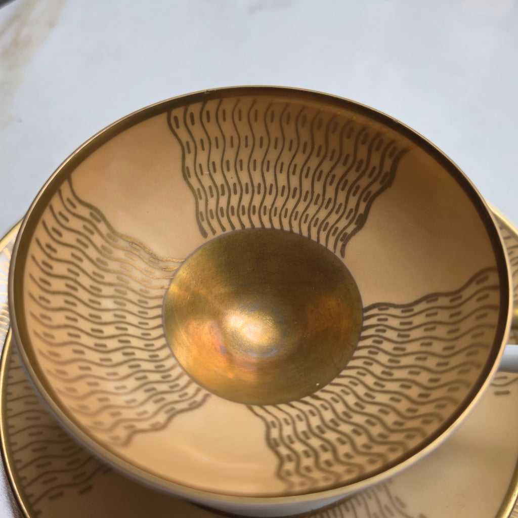 Elegantes Vintage Bavaria Porzellan Kaffeeset - Gold-Beige mit Wellenmuster - 3-teilig