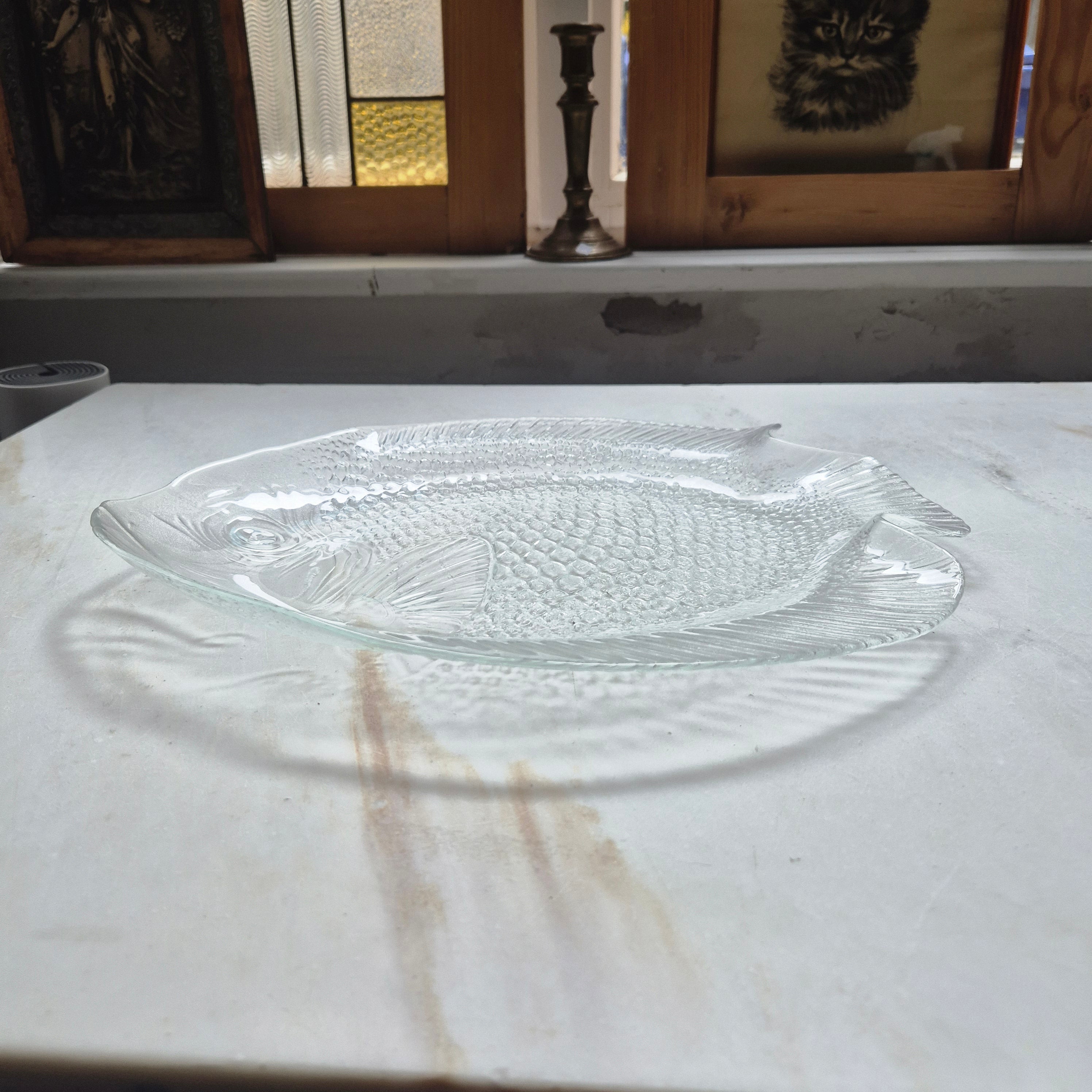 Vintage Retro Glas Schale Platte Fischmotiv Obstschale Gebäck Servierteller