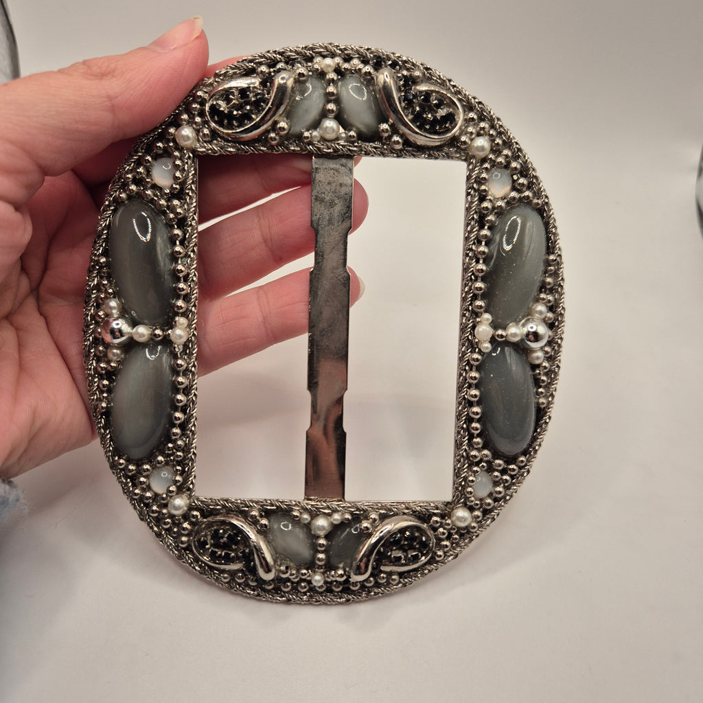 Große Vintage 80er Jahre Gürtelschnalle Oval Handmade silber grau