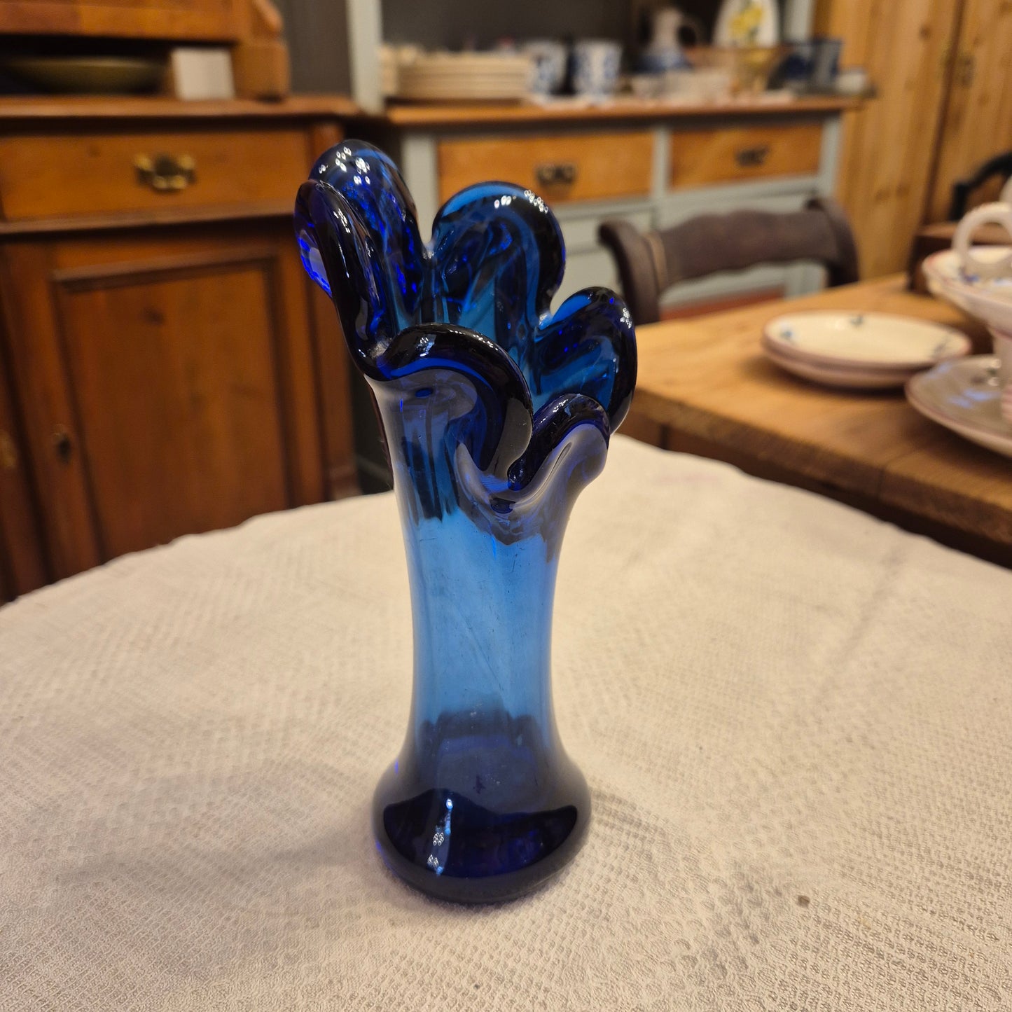 Vintage Glas Vase Glaskunst blau  Mid Century Swing 5 Finger Design Stretch
