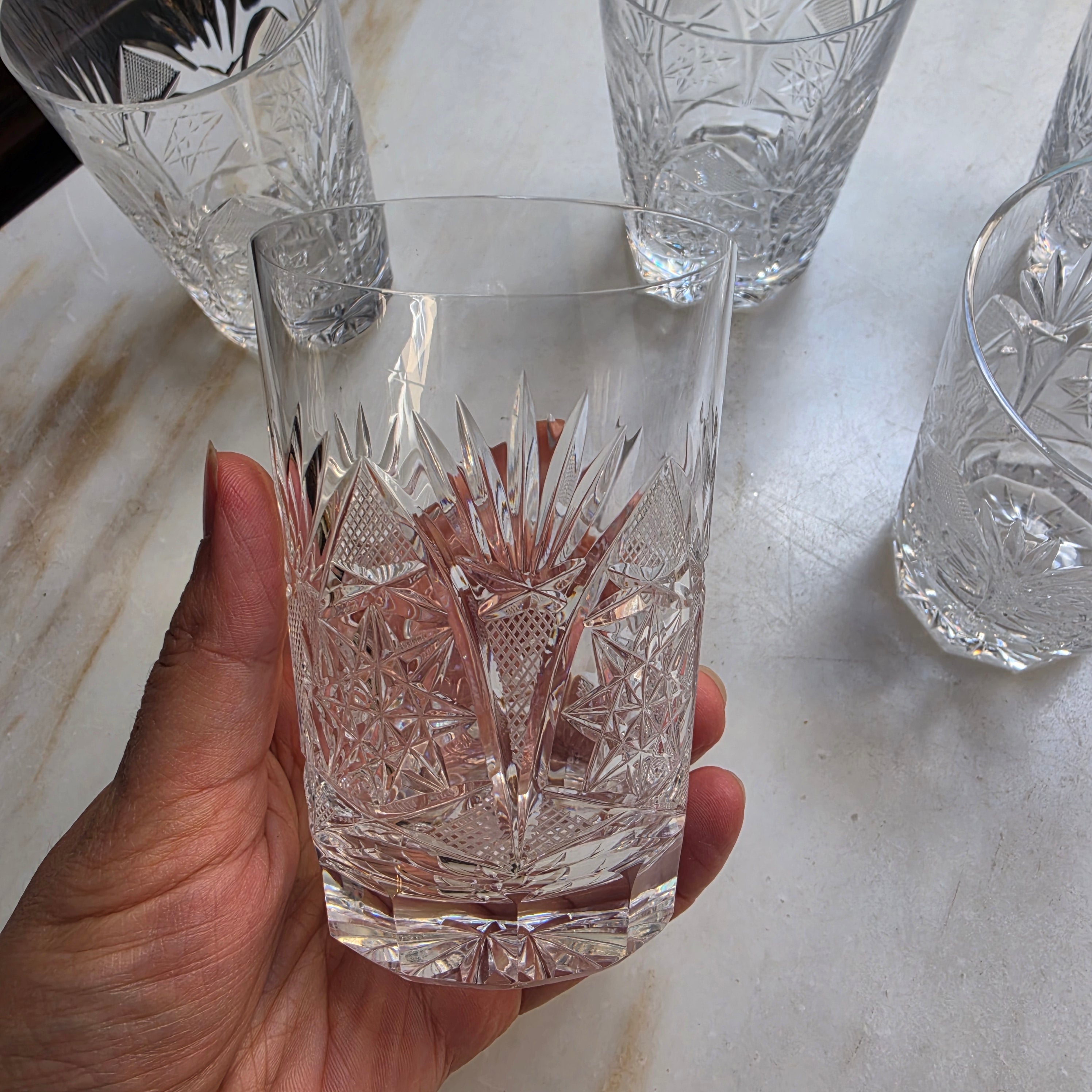 5x Vintage Kristall Whisky Gläser mit Sternschliff