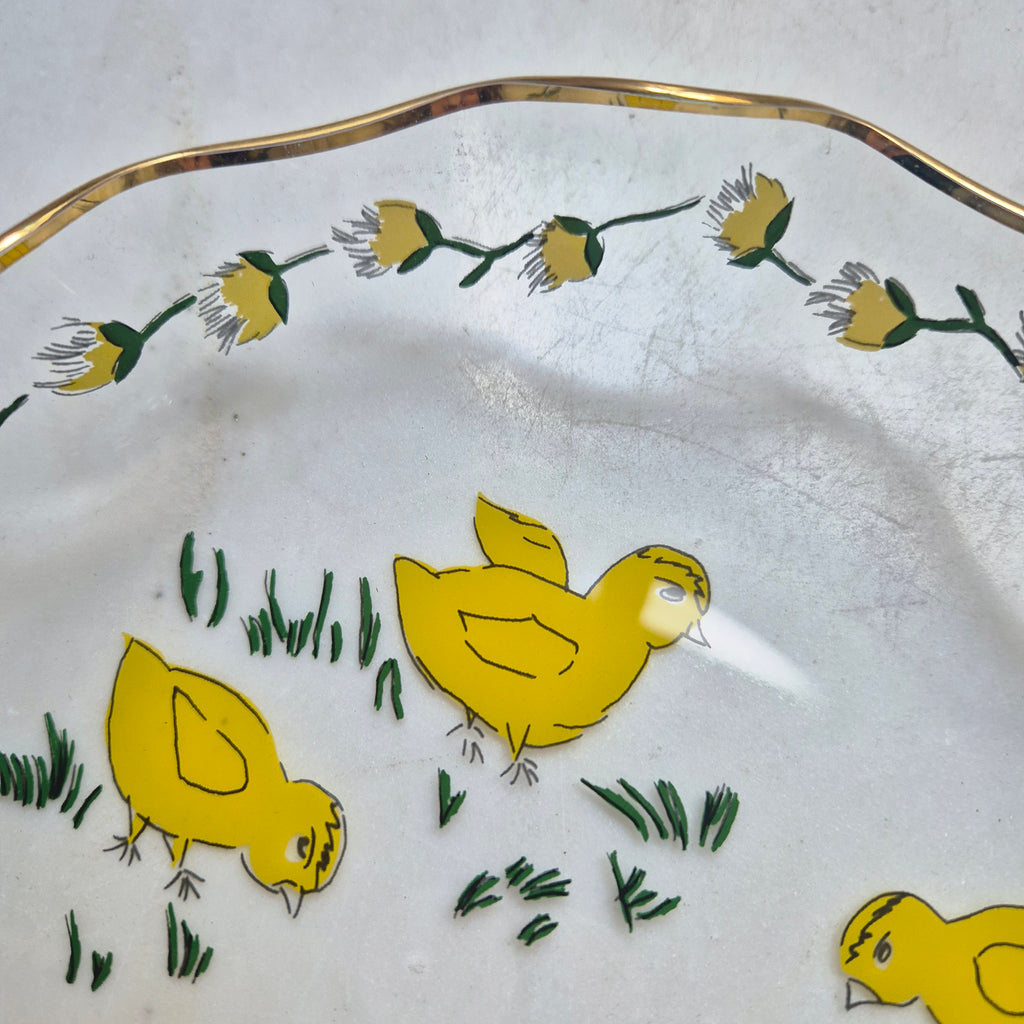 Vintage Küken Servierteller Ostern Glockenrand Gewellter Rand Glas