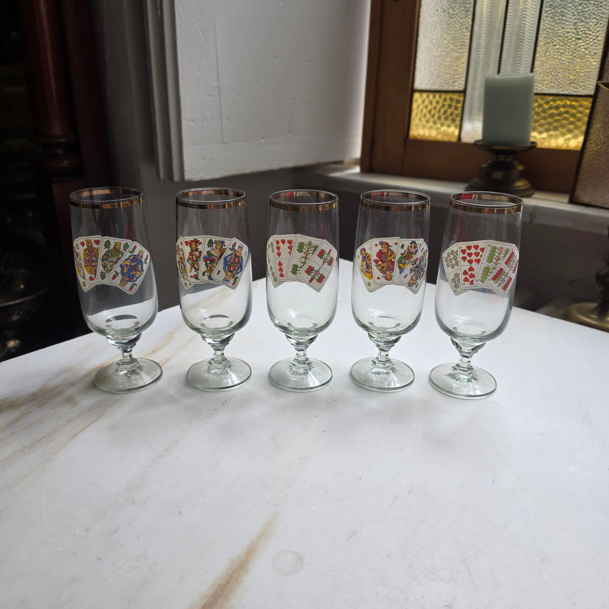 5x Vintage Sektgläser - Aperitifgläser mit Spielkarten-Motiv & Goldrand