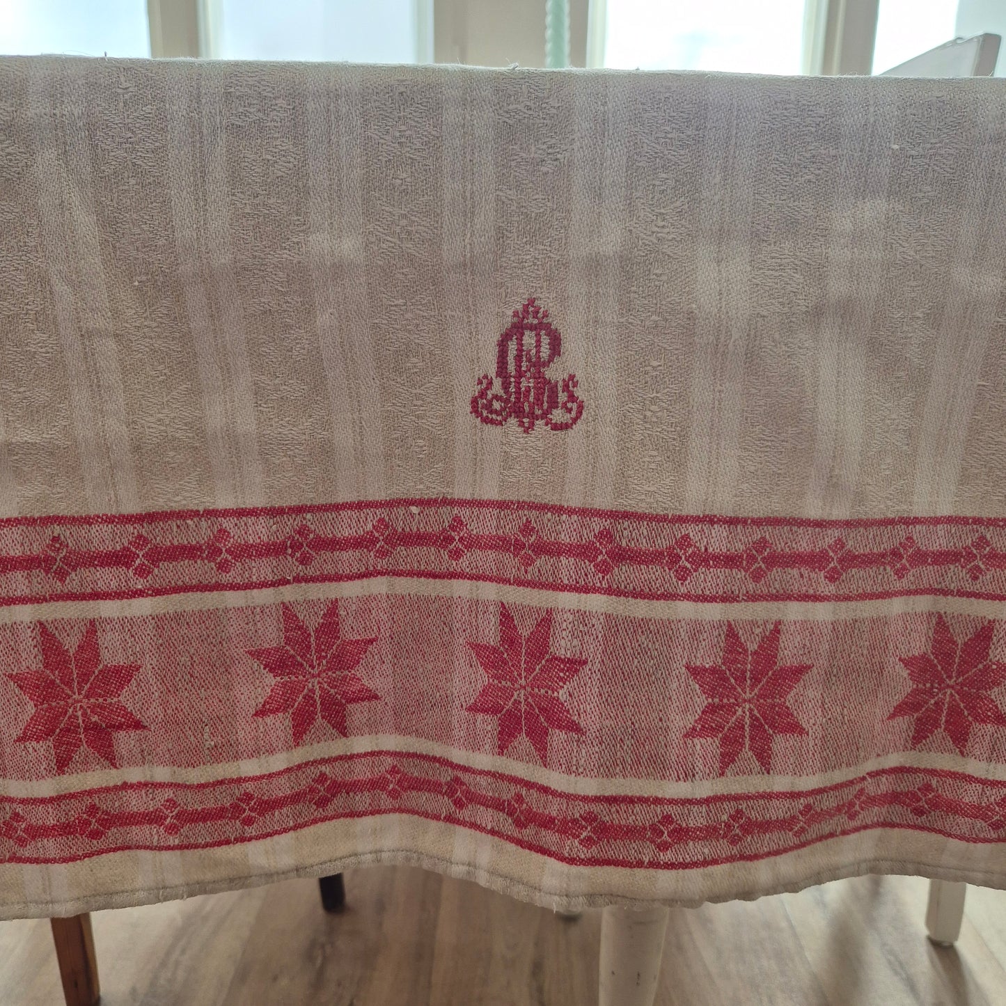 Antikes Rolltuch Mangeltuch Rot Creme Leinentuch Tischdecke Wäsche mit Monogramm 🤍