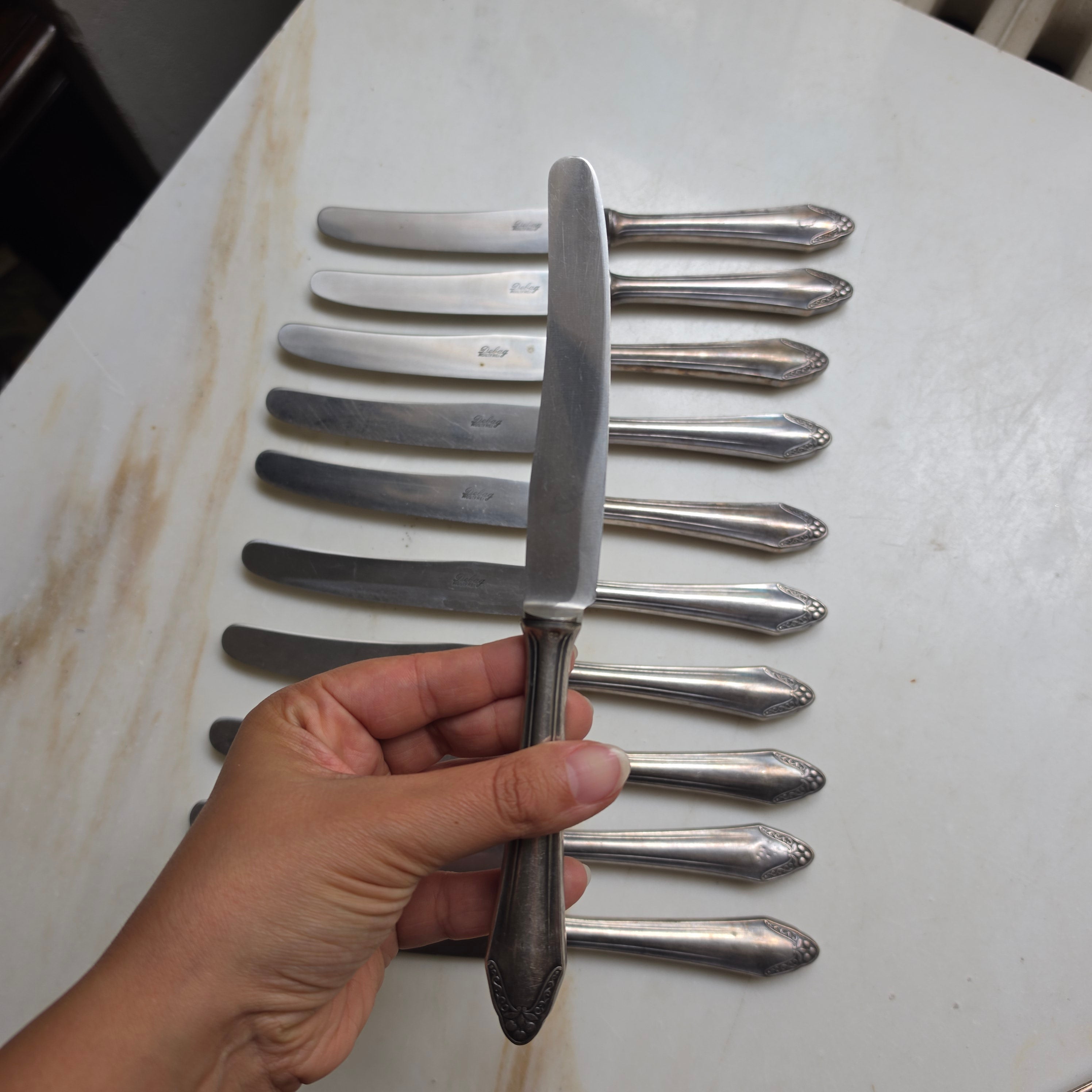 11x Antike Debag Rostfrei Messer sehr lang 40er Jahre versilbert 90 - zum aufpolieren!