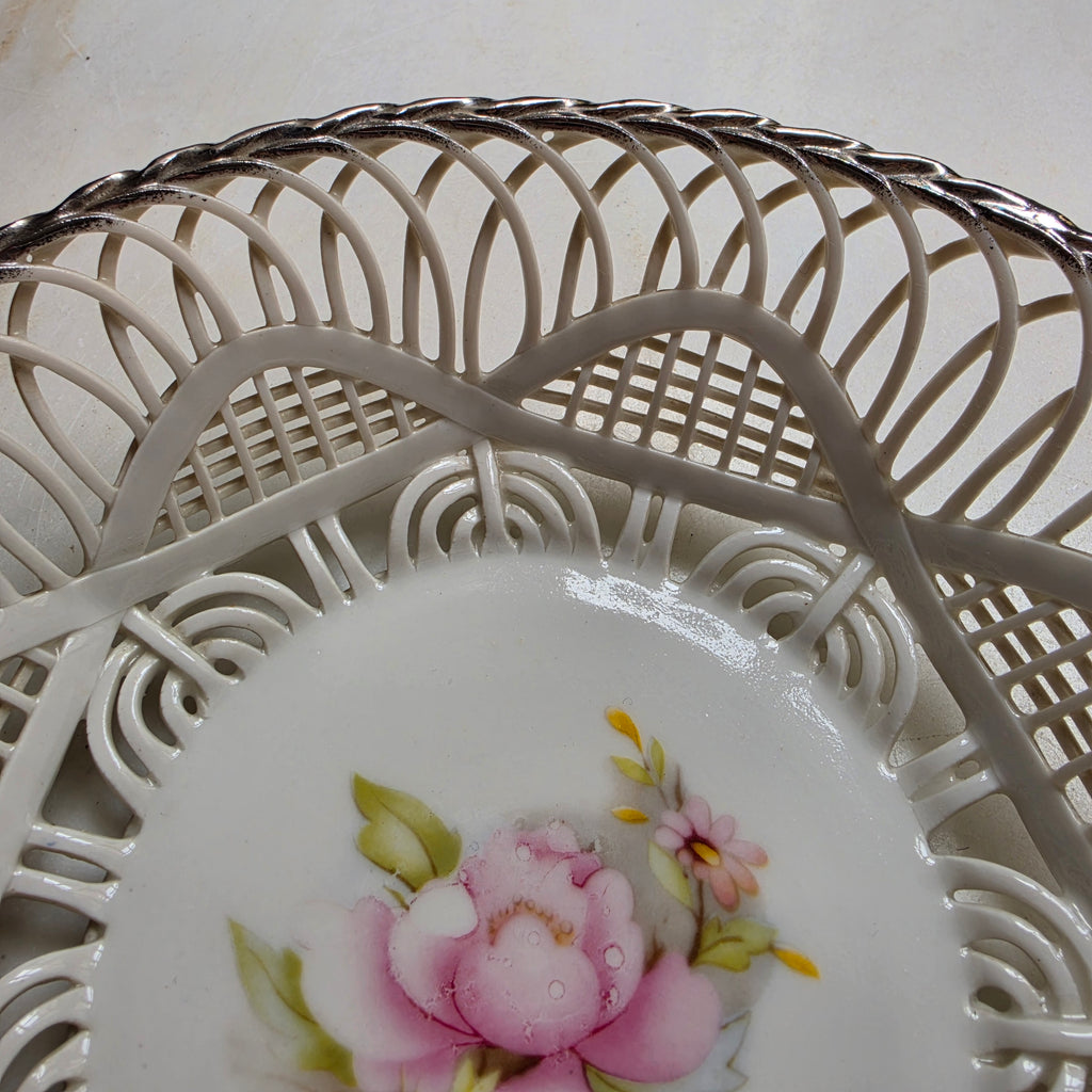 Vintage Porzellan Durchbruchschale – Porfin Cluj-Napoca Körbchen mit Blumendekor & Silberrand