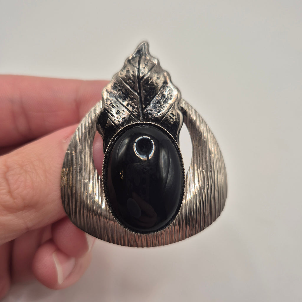80er Jahre Vintage Brosche silberfarben schwarz Eichenblatt