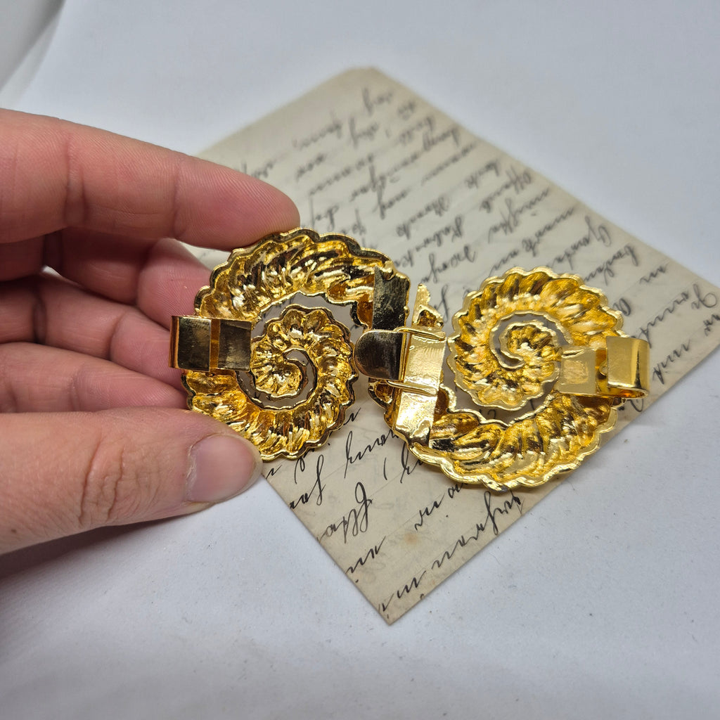 Vintage Gürtelschnalle 2-Teilig Trachtenschnalle Taillengürtel aus den 80ern-Handmade aus Berlin gold Schnecke Fossilmuster