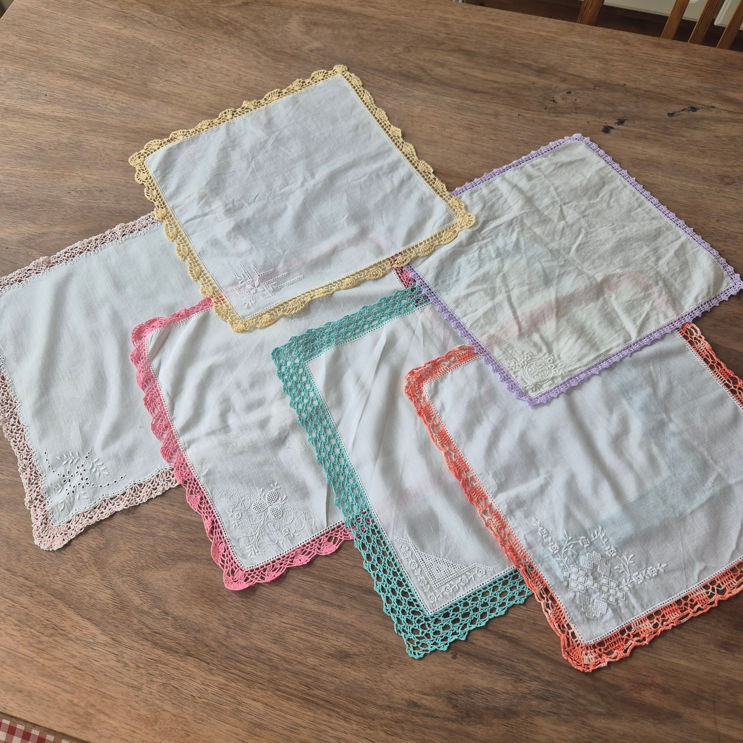 6x Spitzen Taschentücher geklöppelter Rand Stofftaschentücher Spitzenrand 24x24cm 🤍