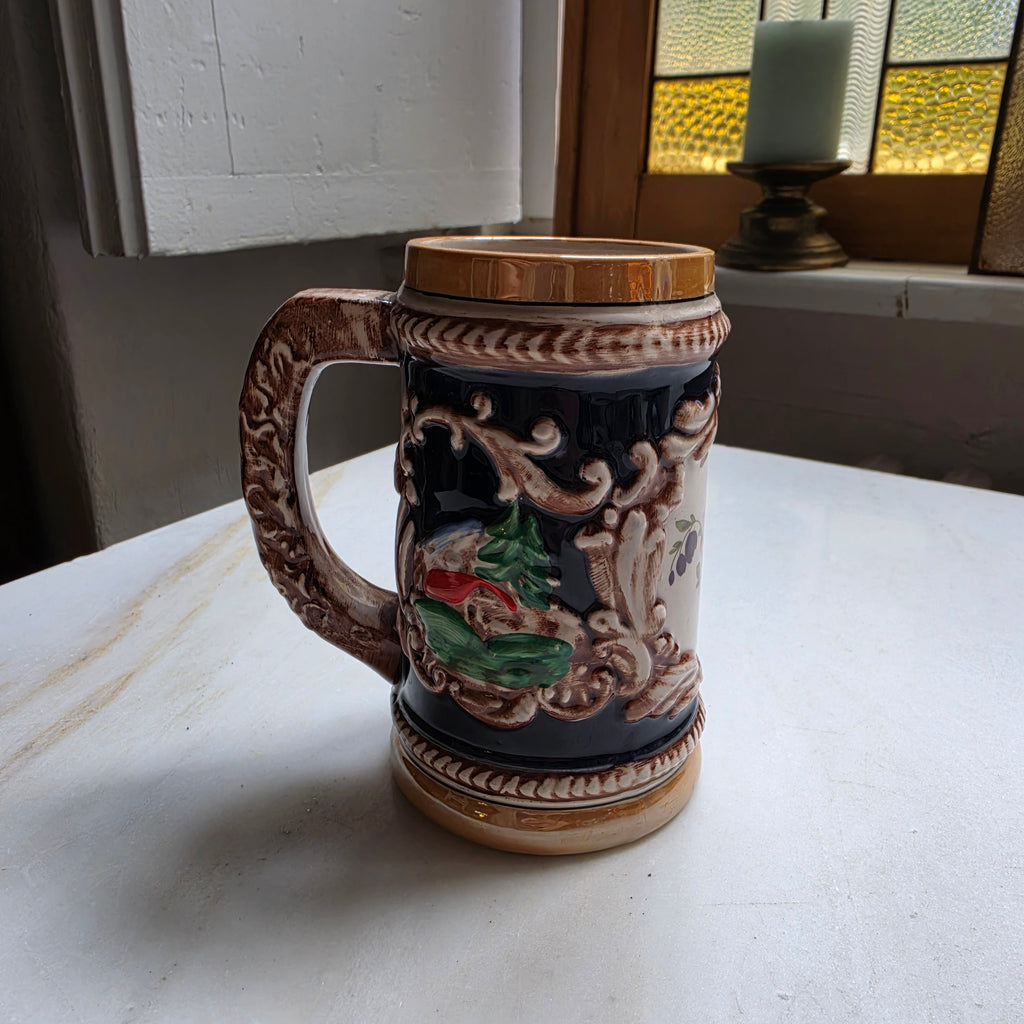 Vintage Keramik-Bierkrug mit Blumendekor
