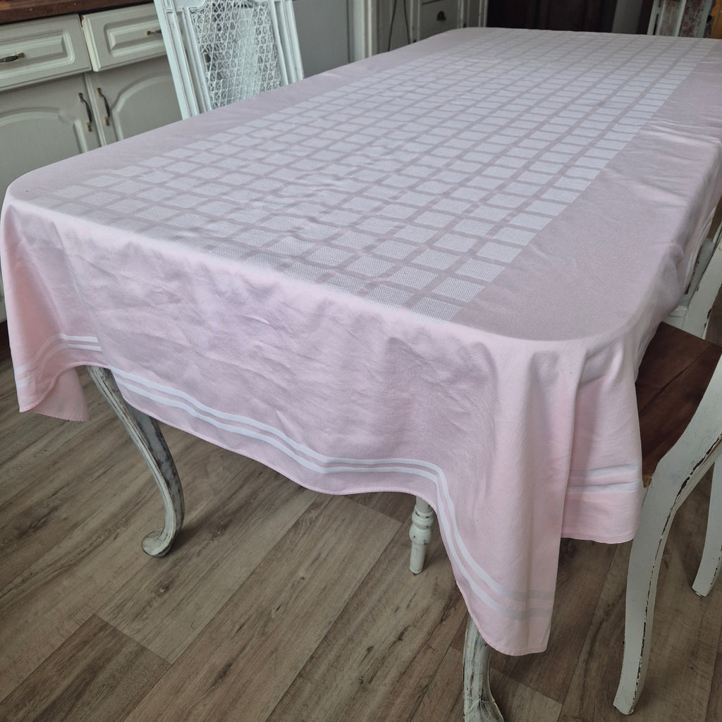 Vintage IRISETTE Tischdecke 132x220cm Perlrosa und Damast Webart Baumwolle